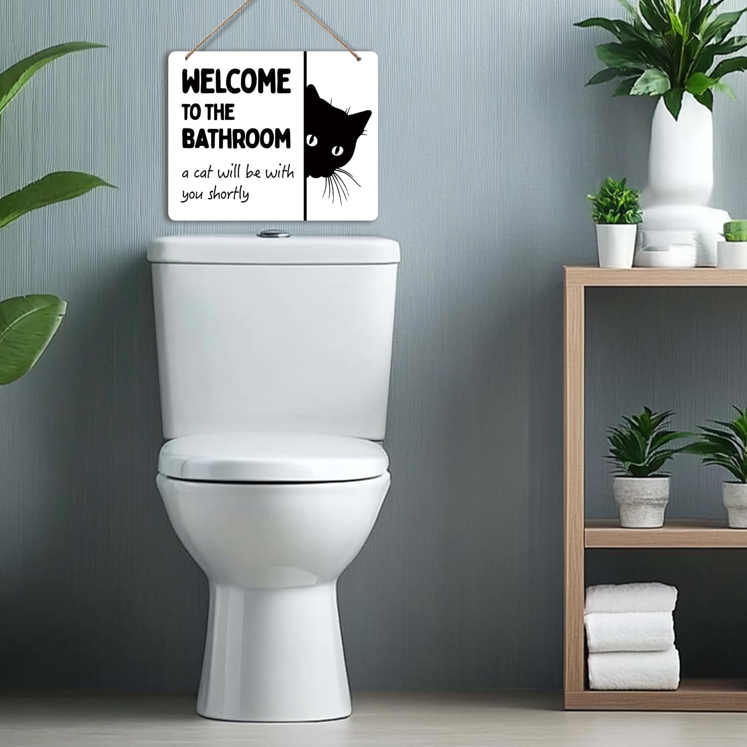 Udinaz Funny Black Cat Welcome Hanging Sign for Bathroom, Funny Bathroom Wall Decor, Humorous Black Cat Hanging Wood Plaque Decor for Bath Room Washroom Wall Door Decorations - Image 6