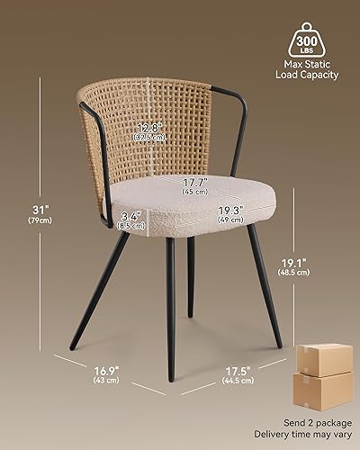 Miniatura 3 de BedsPick Juego de 4 sillas de comedor de ratán, silla de cocina tapizada con respaldo de caña con cojín de bucle, asiento de comedor con respaldo de