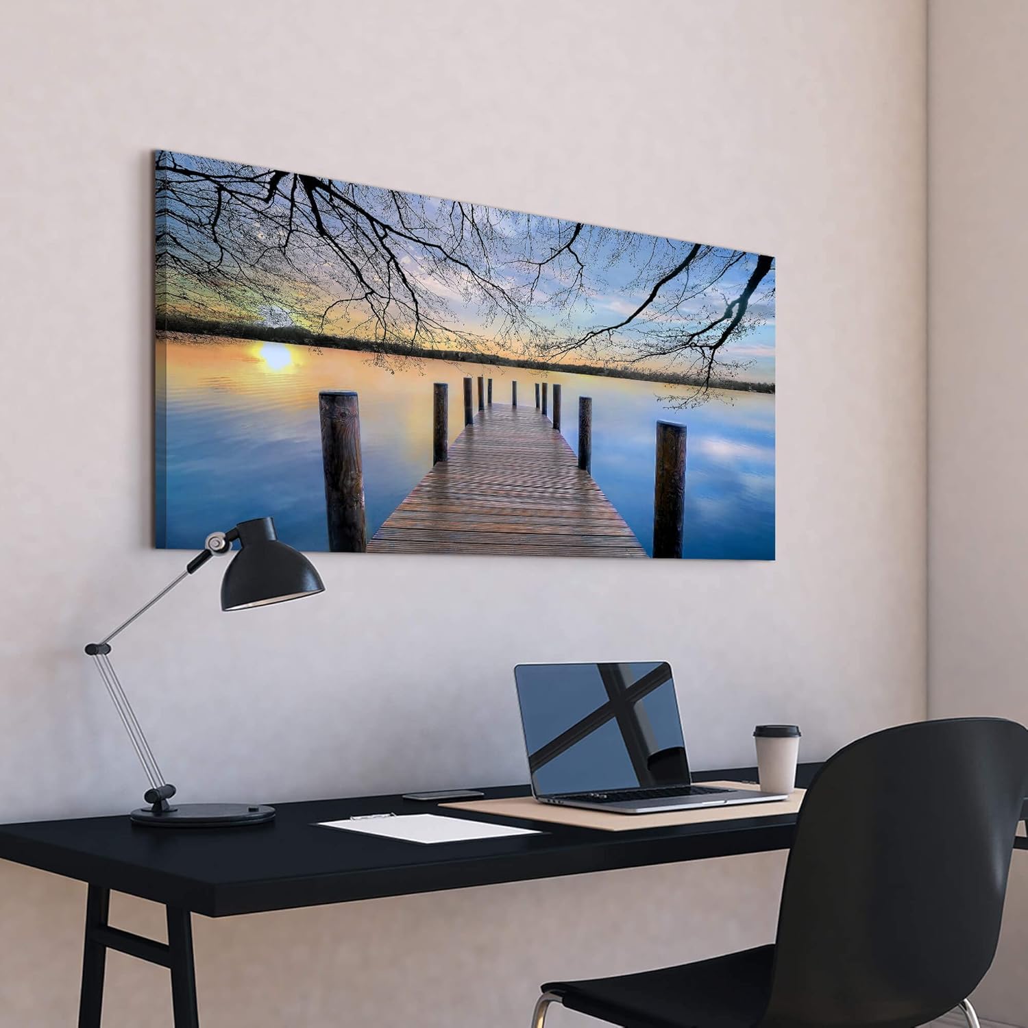 WALLSUP DECOR Lake Canvas Wall Art Picture - Landscape Artwork Nature Scene Dock Painting with Sunset Calm Pier Print for Home Wall Living Room Bedrooms