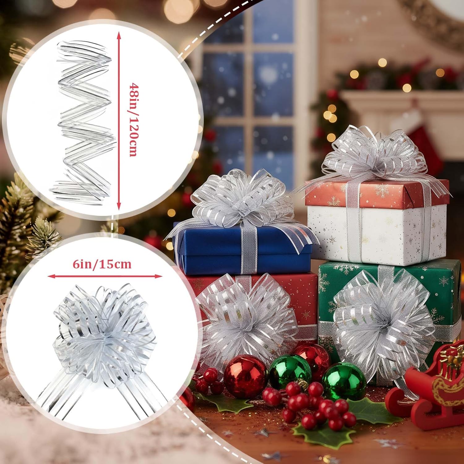 20 Pcs Christmas Pull Bows – 6 Inch Large Organza Gift Bows with Ribbon for Gift Wrapping, Baskets, Weddings & Valentine’s Day Decorations(Silver) - Image 2