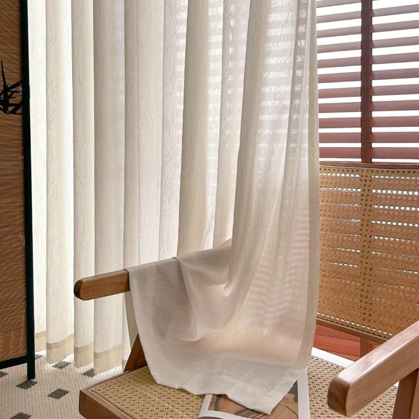 KnSam Rideau Voilage Semi Transparent Beige, 2 Pièces, Rideaux Salon Chambre Effet Gaze de Lin Jacquard Branches à Crochets, 132x138cm x 1pcs