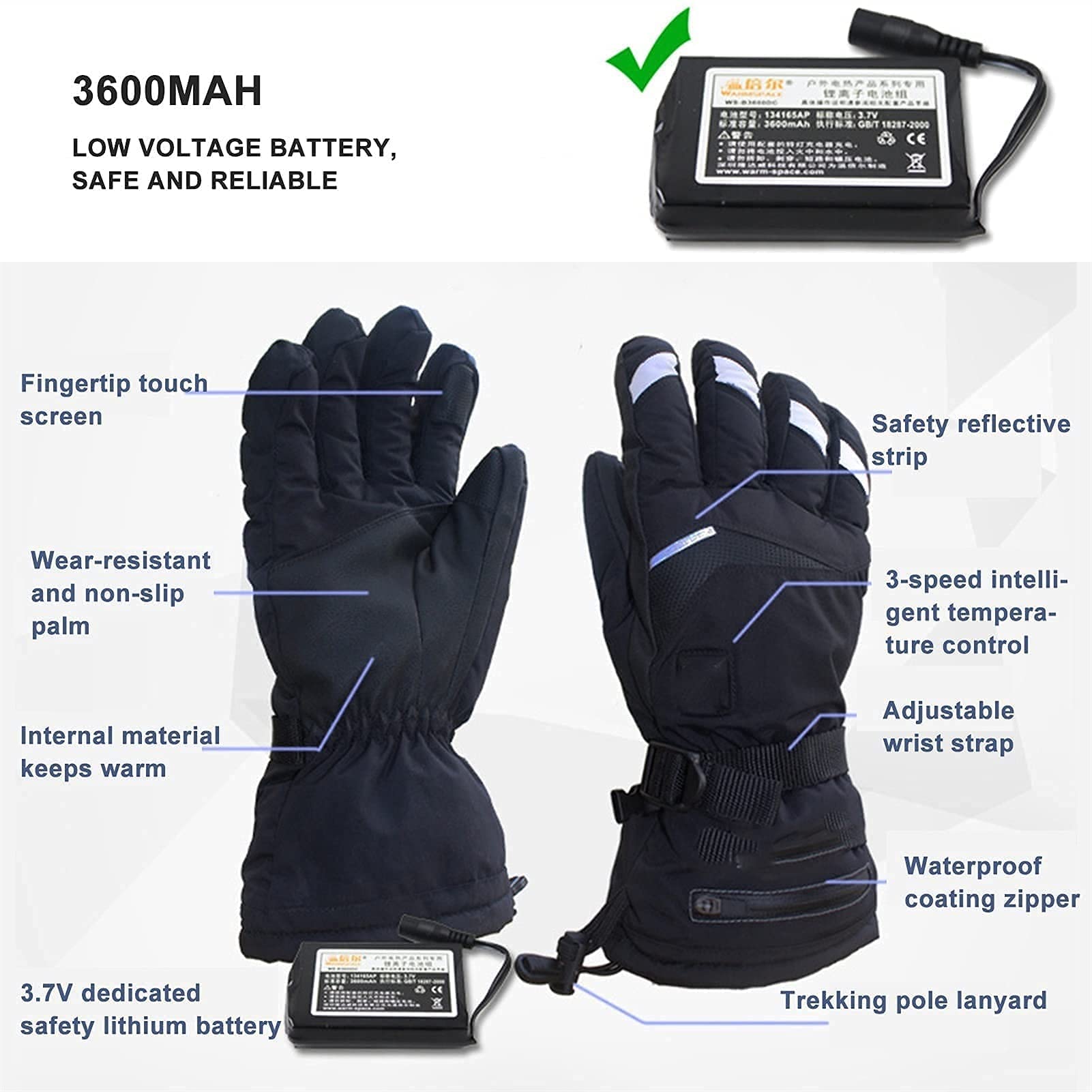 Guantes térmicos Recargables de 3600 mAh, Guantes térmicos de Invierno al Aire Libre para Hombres y Mujeres, Impermeables a Prueba de Viento, para Calentadores de Manos, Unisex, TR