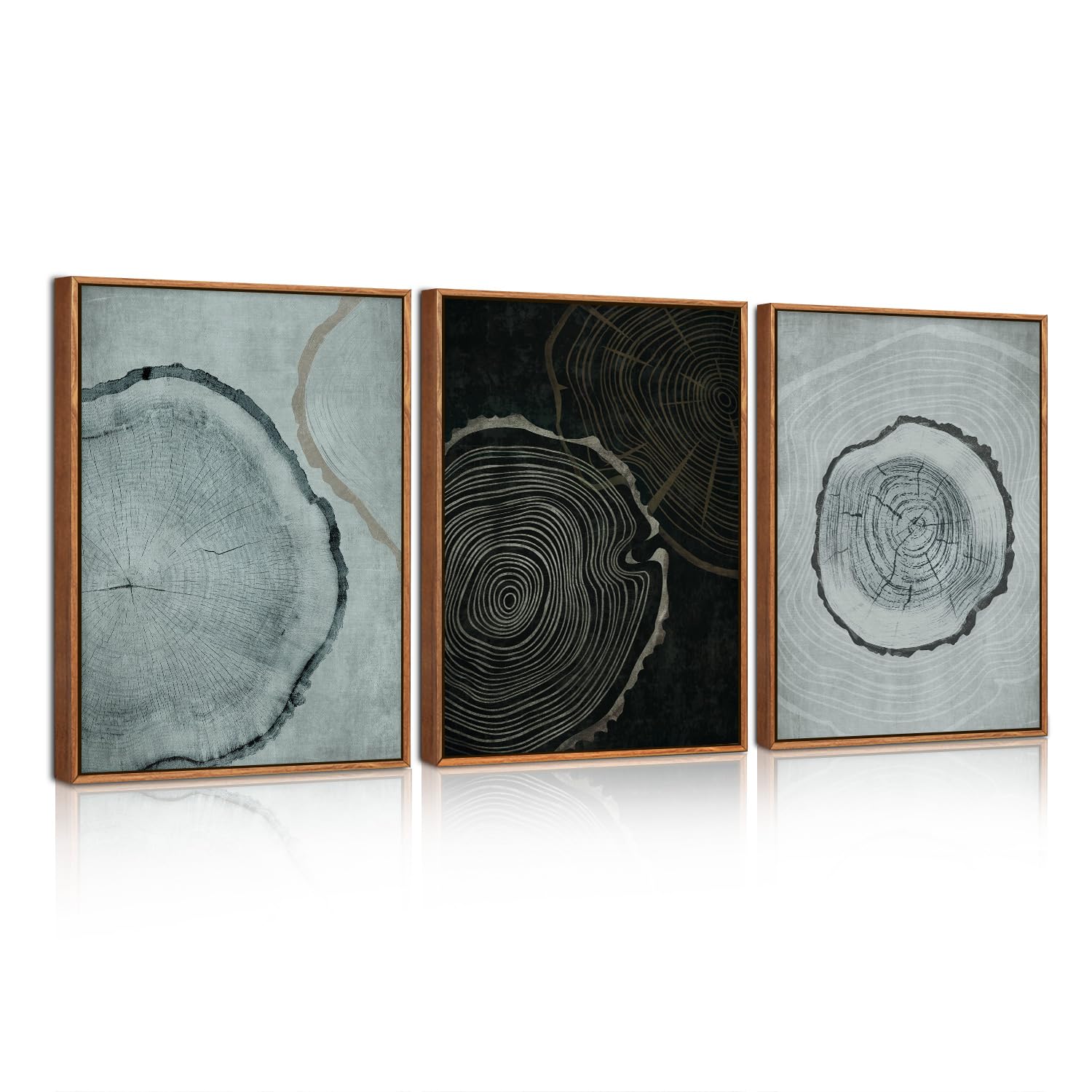 HPNIUB Baumring-Leinwandbildern Im Rahmen, Moderne Wanddekoration aus beigen Holzstämmen, Schwarz-graue Baumspiralen-Wandmalerei, Neutrale Naturkunst für Wohnzimmer, Schlafzimmer oder Büro 30x40cm