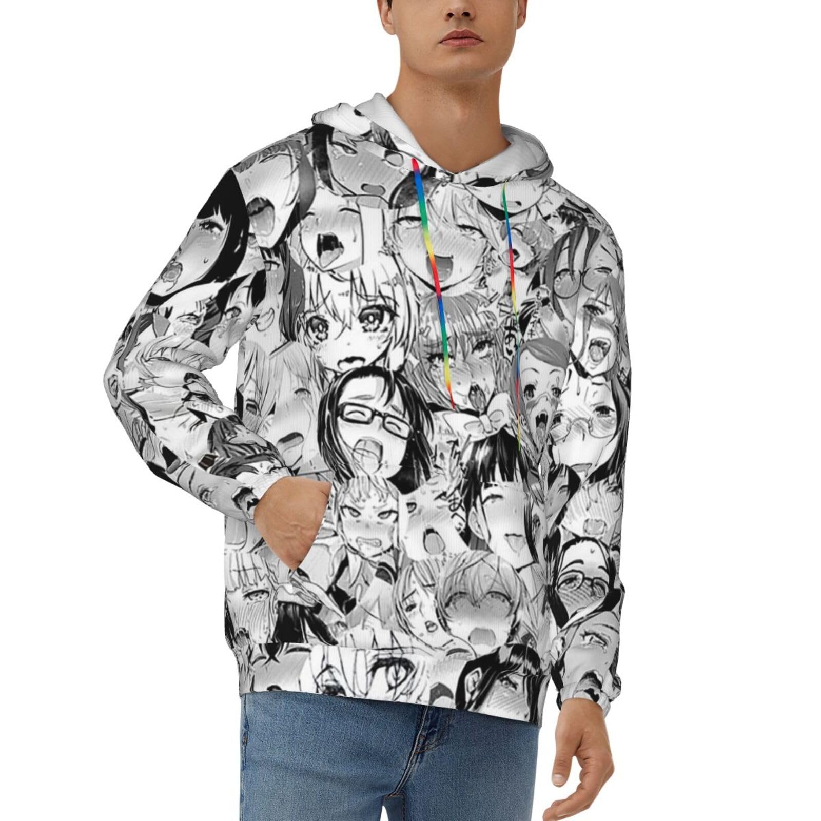 Zorin Men's Black Hoodies With Pocket Ahegao O-Faces 3D Print Novelty Hoodie Hooded