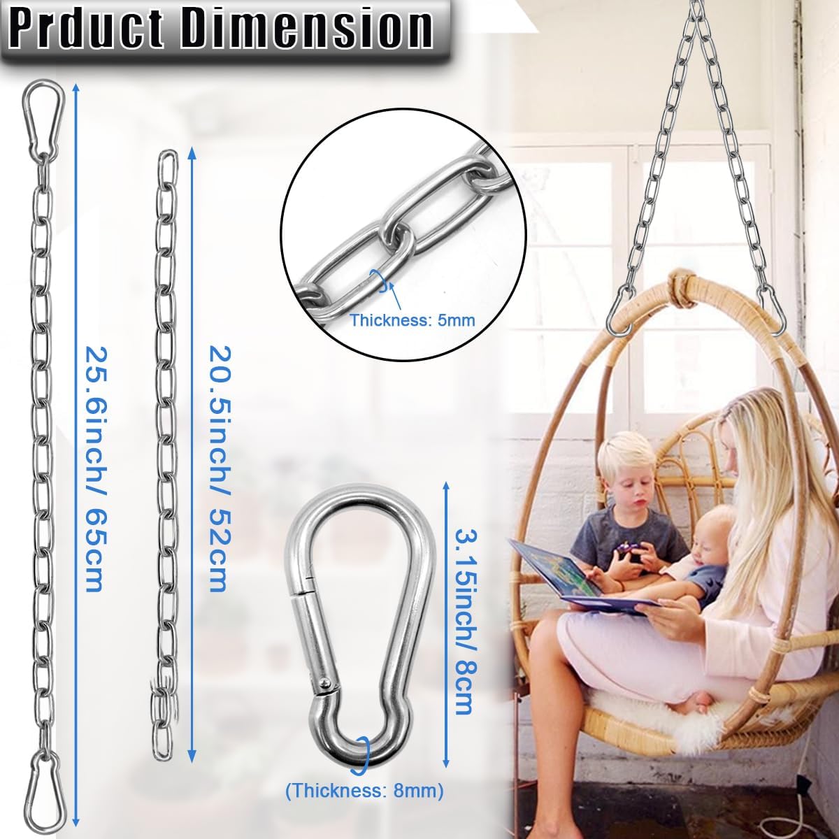 2 Pack Hanging Swing Chain with 4 Carabiners 25in, 660LB Capacity Heavy Duty Hammock Hardware Kit for Punching Bags, Swing Chairs, Indoor & Outdoor Gym (Silver) - Image 2