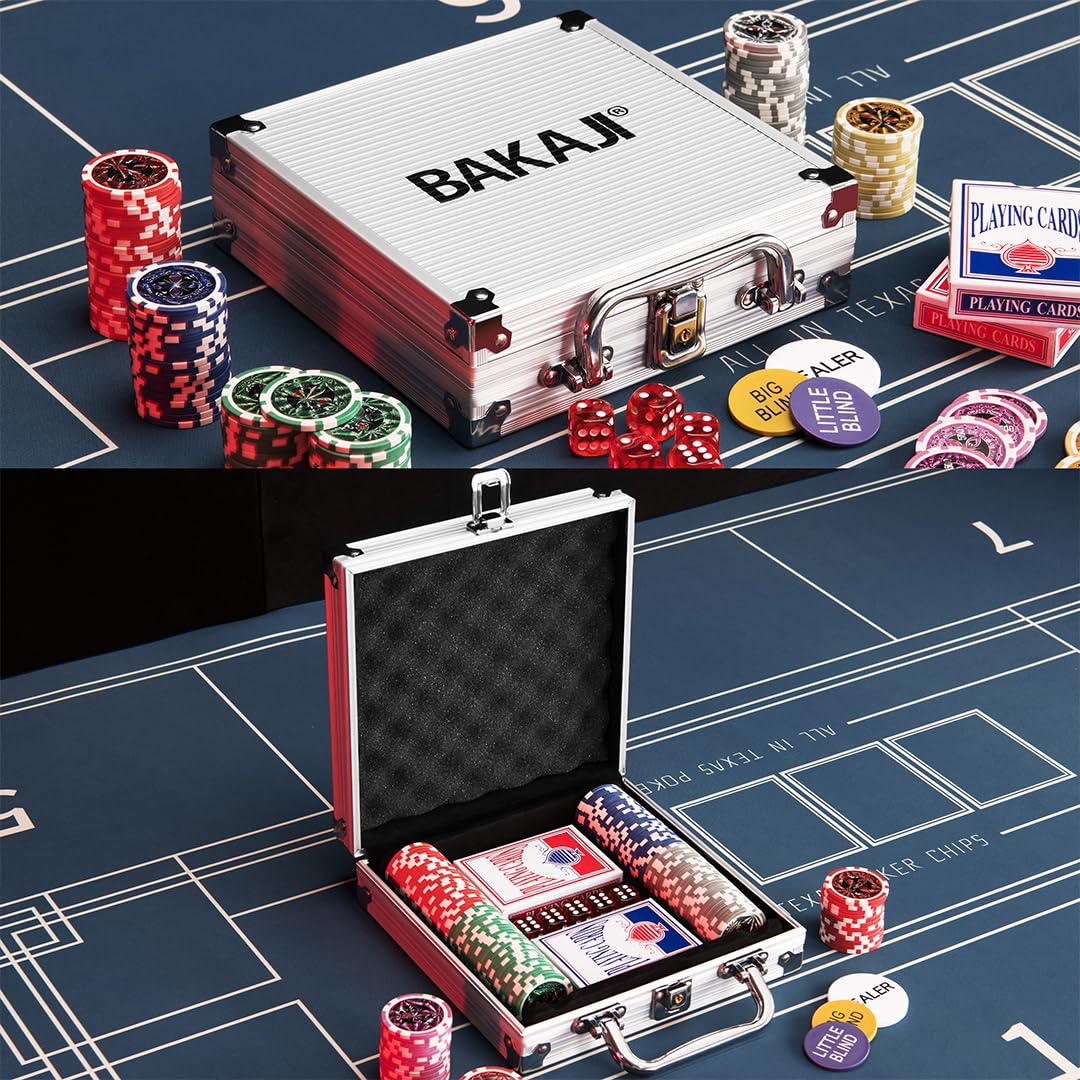 BAKAJI Juego de maletín de póquer de Aluminio, Paquete de Juego Profesional con 2 Barajas de Cartas, 5 Dados, botón del Distribuidor, Maleta Ideal para Texas Hold'em y Blackjack (100