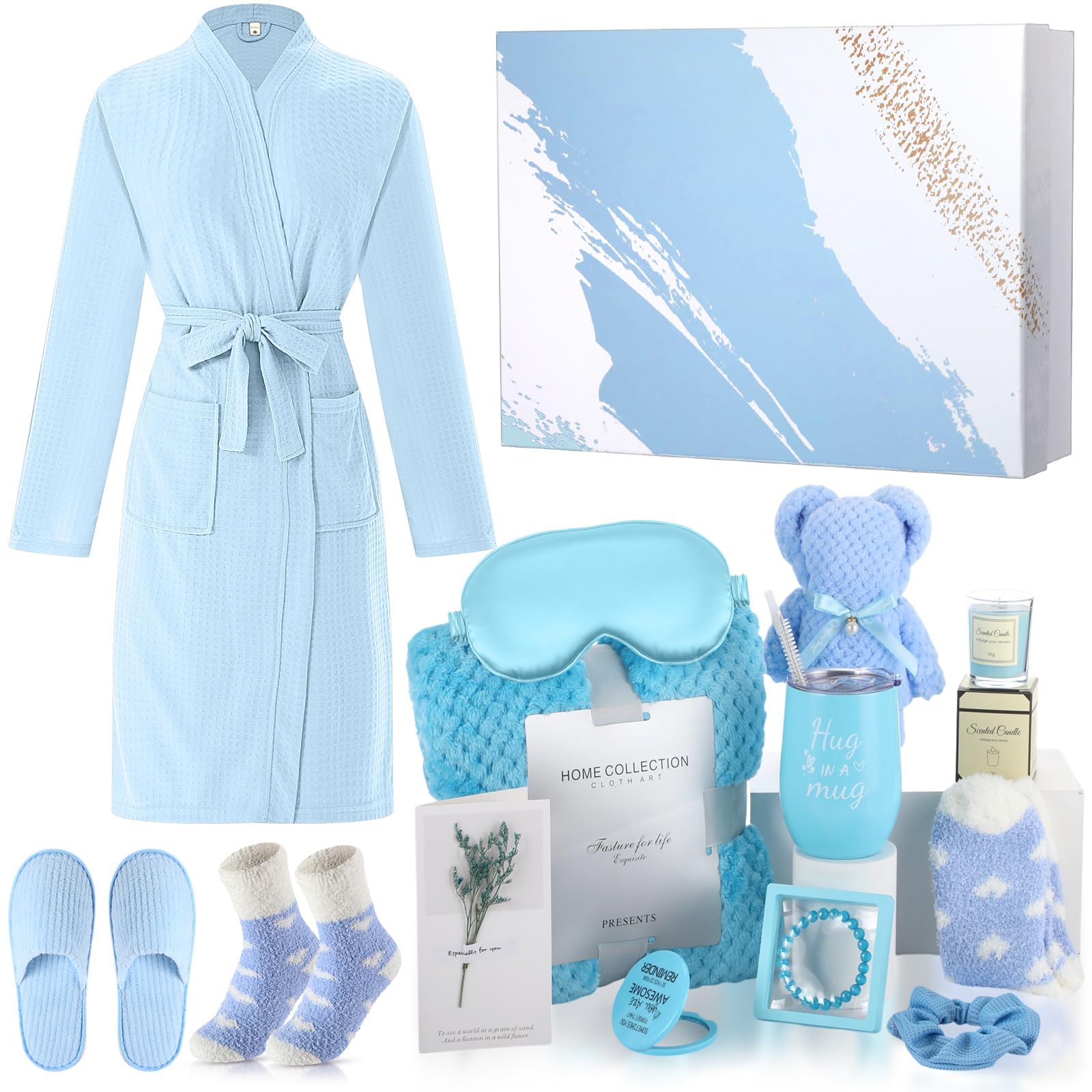 Sieral 14 Pcs Birthday Gifts for Women Care Blanket Gifts Set Spa Baskets Get Well Soon Gift Baskets Mother's Day Gift for Women Mom Her Girlfriend Sister Daughter Friend Wife Grandma(Plain,Blue)