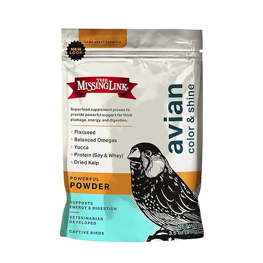 The Missing Link Avian Color & Shine Superfood Supplement Powder for Captive Birds - Flaxseed, Yucca, Kelp, Phytonutrients & Protein - Supports Energy, Plumage, Digestive & Immune Health - 3.5oz