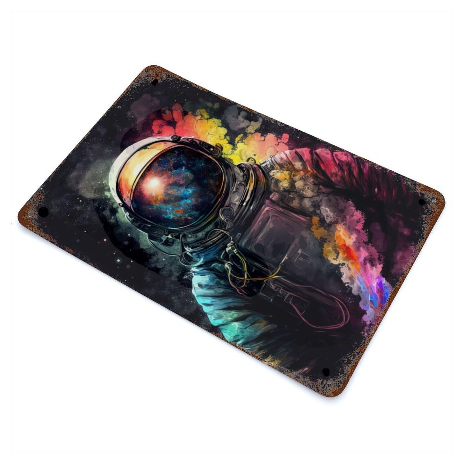Rusty Metal Tin Sign with Neon Astronaut Design 11.8"x7.9", for Farmhouse, Kitchen And Entryway Decor, Rustic Home Decor