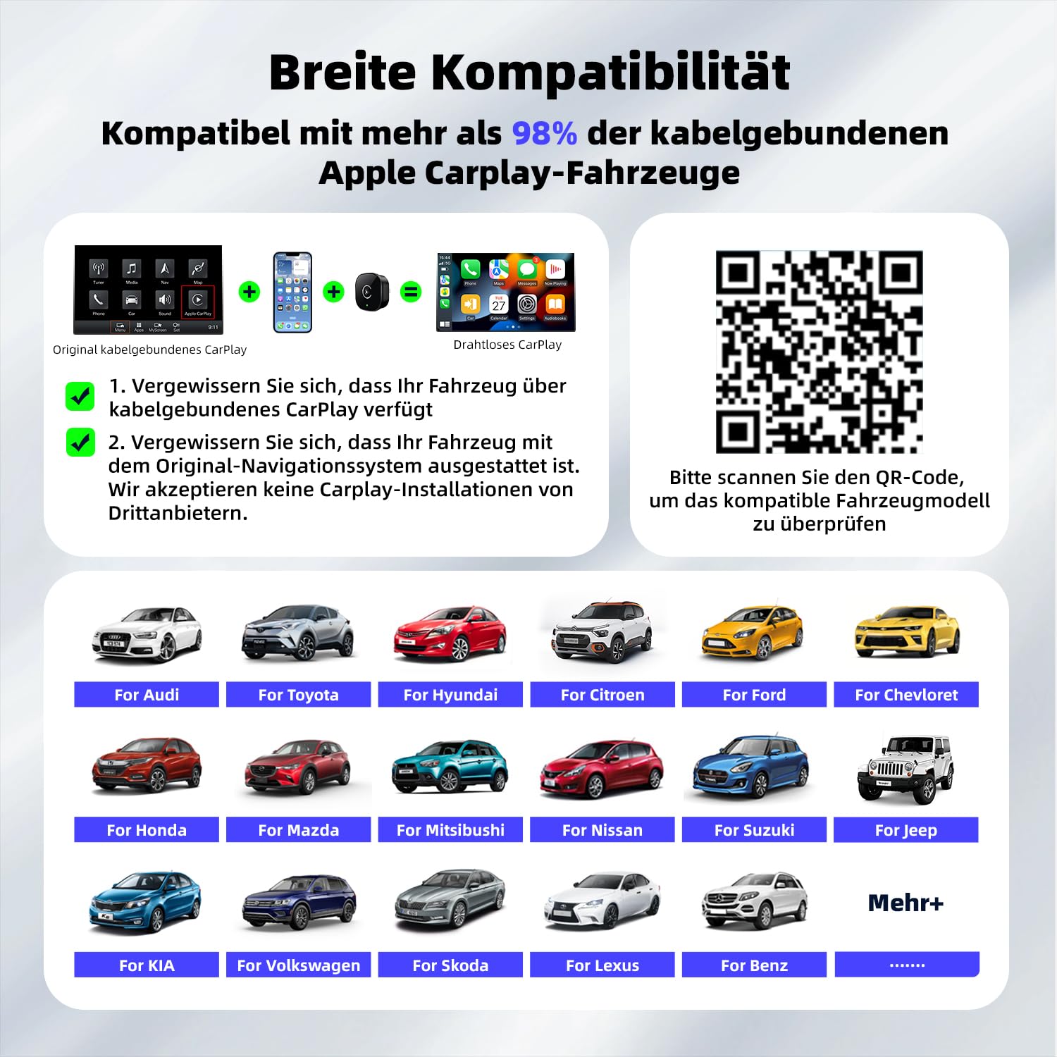 CarPlay Wireless Adapter 2026 Upgrade auf Kabelloses, Plug & Play, USB/Type-C, Mini & Stabiler Apple Car Play Wireless Adapter Kompatibel mit iOS 10+ Wired CarPlay Autos ab 2015