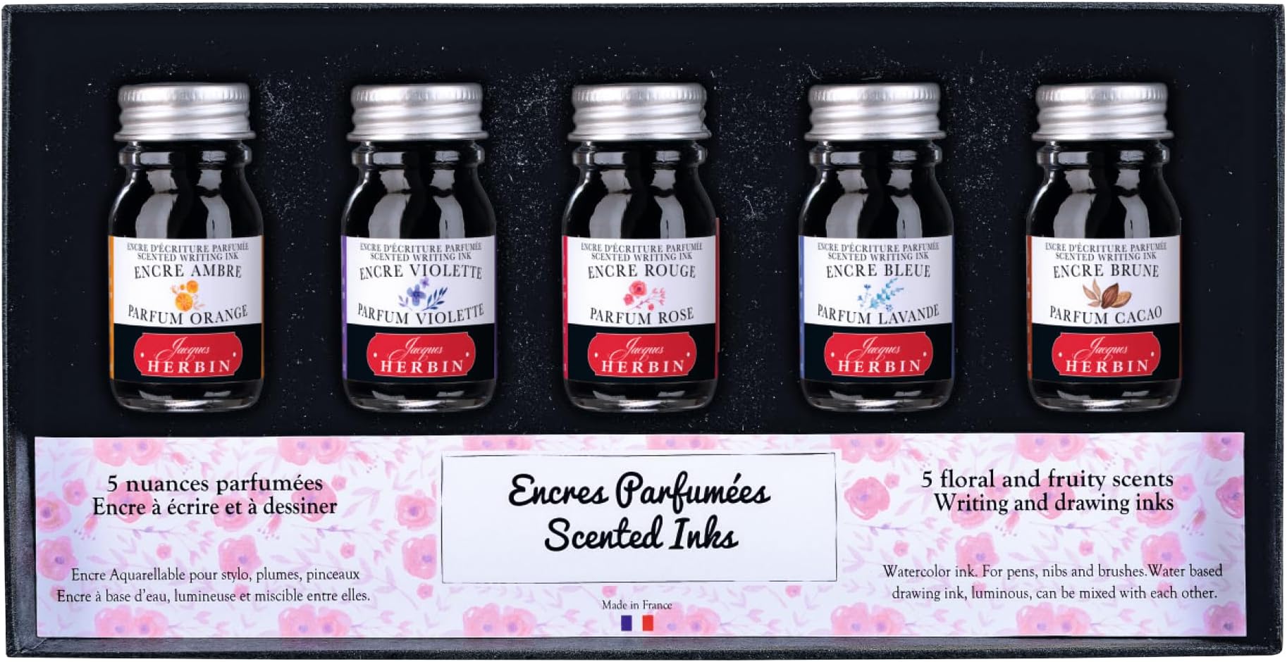 Jacques Herbin 18700T - A set of 5 bottles of 10 ml scented ink for fountain pens and rollerball pens, assorted colours and fragrances. Made in France.