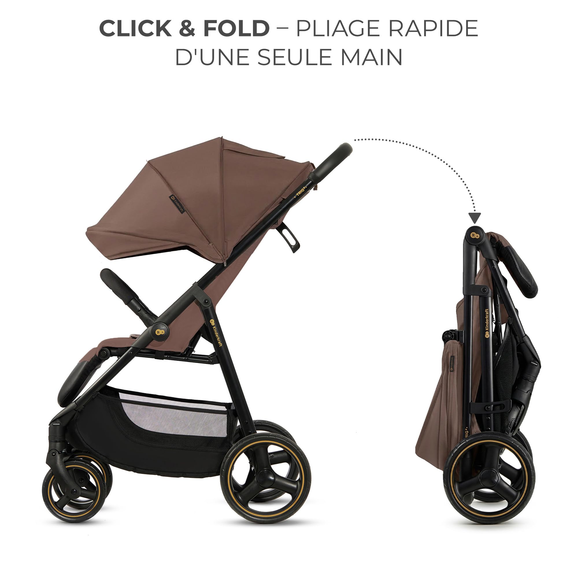 Kinderkraft TRIG 3 Poussette Canne, Légère, Position Allongée, Suspension 4 Roues, Pliable, Harnais réglables à 5 points, Repose-pieds, Jusqu'à 25 kg, Brun