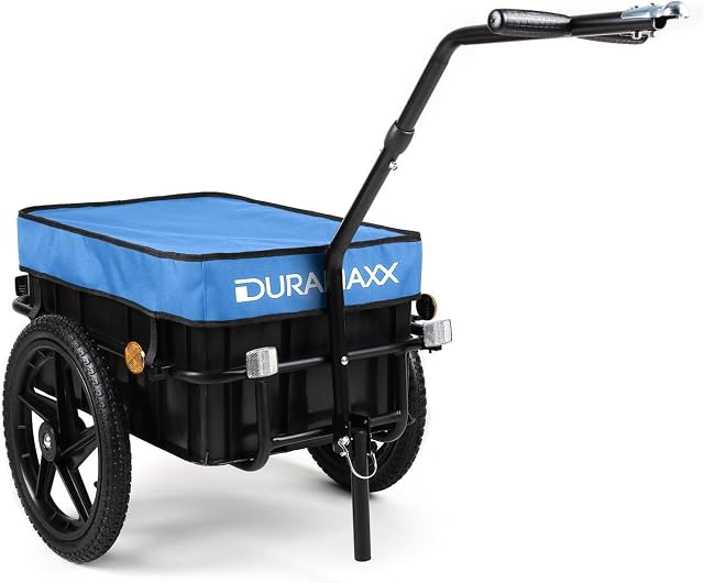 DuraMaxx Big-Mike - Bicycle trailer, Handcart, With towing bar, Transport box with a 70 litre volume, Load capacity: max. 40 kg, Ball coupling for bicycles with 26'' - 28'', Steel frame