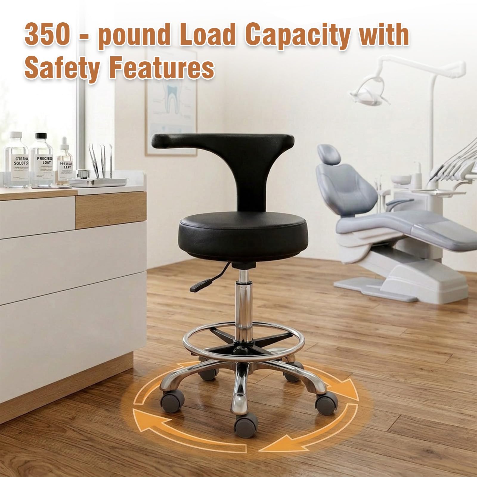 Taburete ajustable con ruedas y respaldo, resistente para oficina, cocina, médico, dentista, tienda, laboratorio y uso doméstico (con reposapiés)