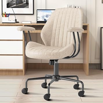 ovios Executive Ergonomic Office Chair, Mid Back Comfy Faux Suede Leather Computer Chairs, Mid-Century Modern Swivel Rolling Task Armchair, Beige