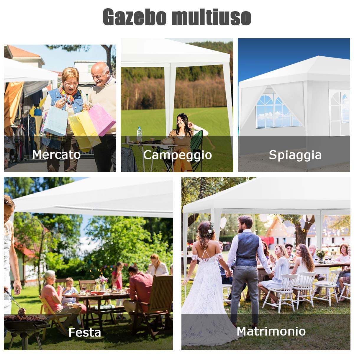 COSTWAY Gazebo da Giardino 3 x 6 m, Tendone per Feste con 4 Tende Laterali Rimovibili e 2 Porte con Cerniera, Con Borsa di Trasporto, Impermeabile Protezione UV
