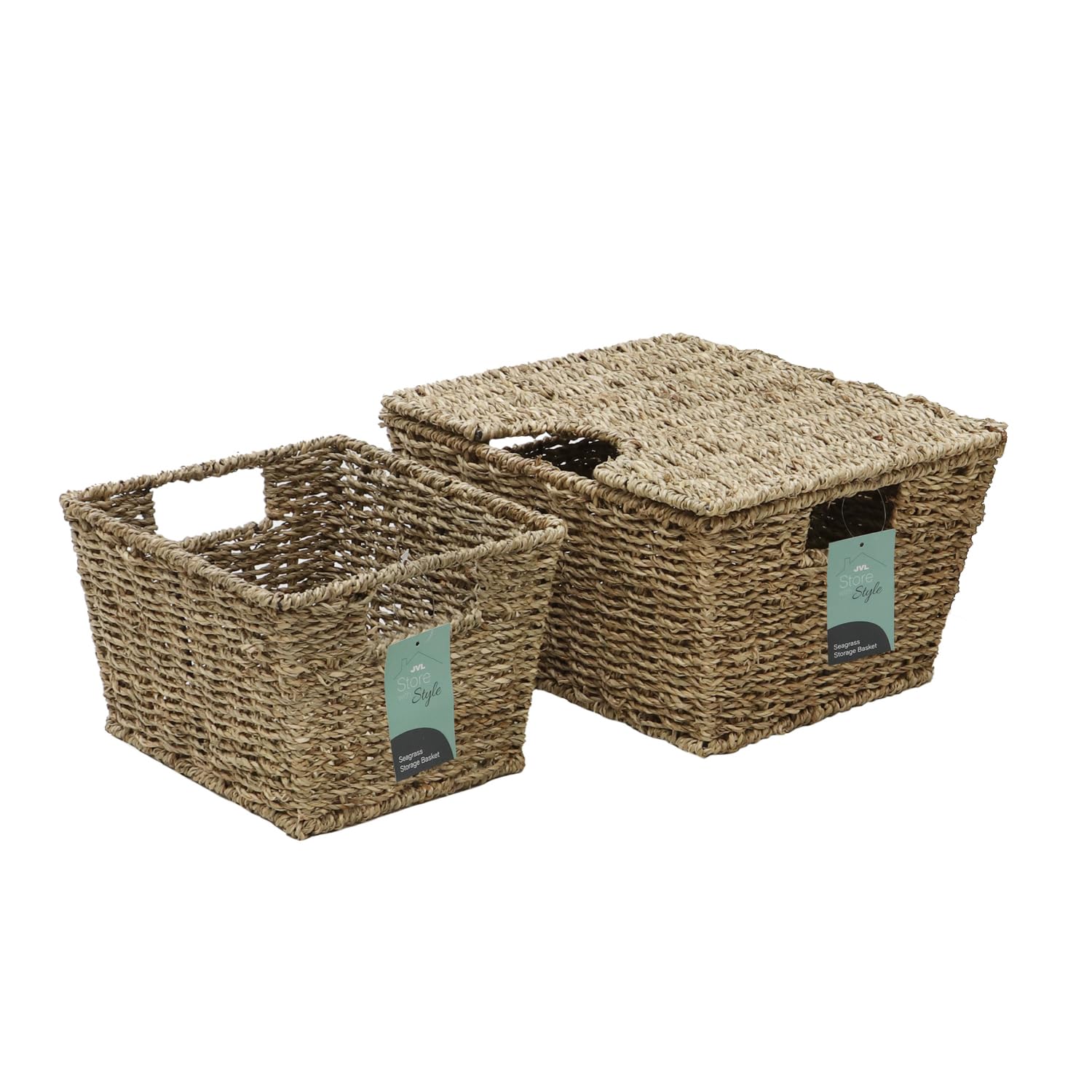 JVL Set of 2 Large Rectangular Seagrass Storage Baskets – Natural Hand Woven Home Storage Organisers, Brown