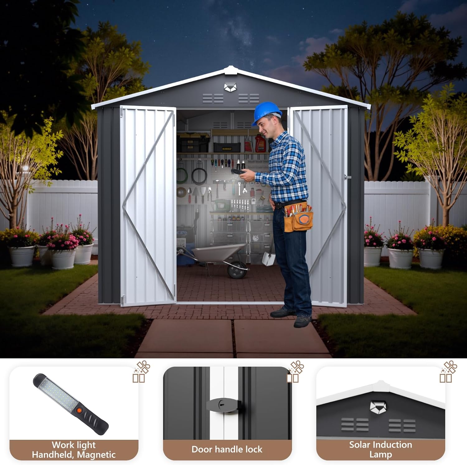 10x12 FT Outdoor Storage Shed, Metal Garden Shed - Tool Storage Sheds with Lockable Doors, Waterproof Outside Storage Building for Backyard, Patio (Black; Floor Not Included)