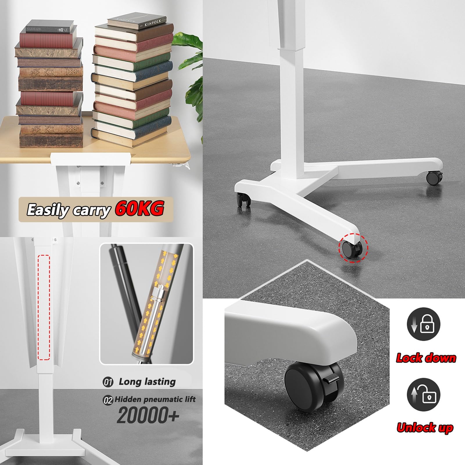 Générique Chaire d'église Portable et réglable avec roulettes, pupitre Mobile pour Ordinateur Portable, Surface inclinée et cloison, Station de Lecture surélevée pour Bureau, école et Maison - Blanc