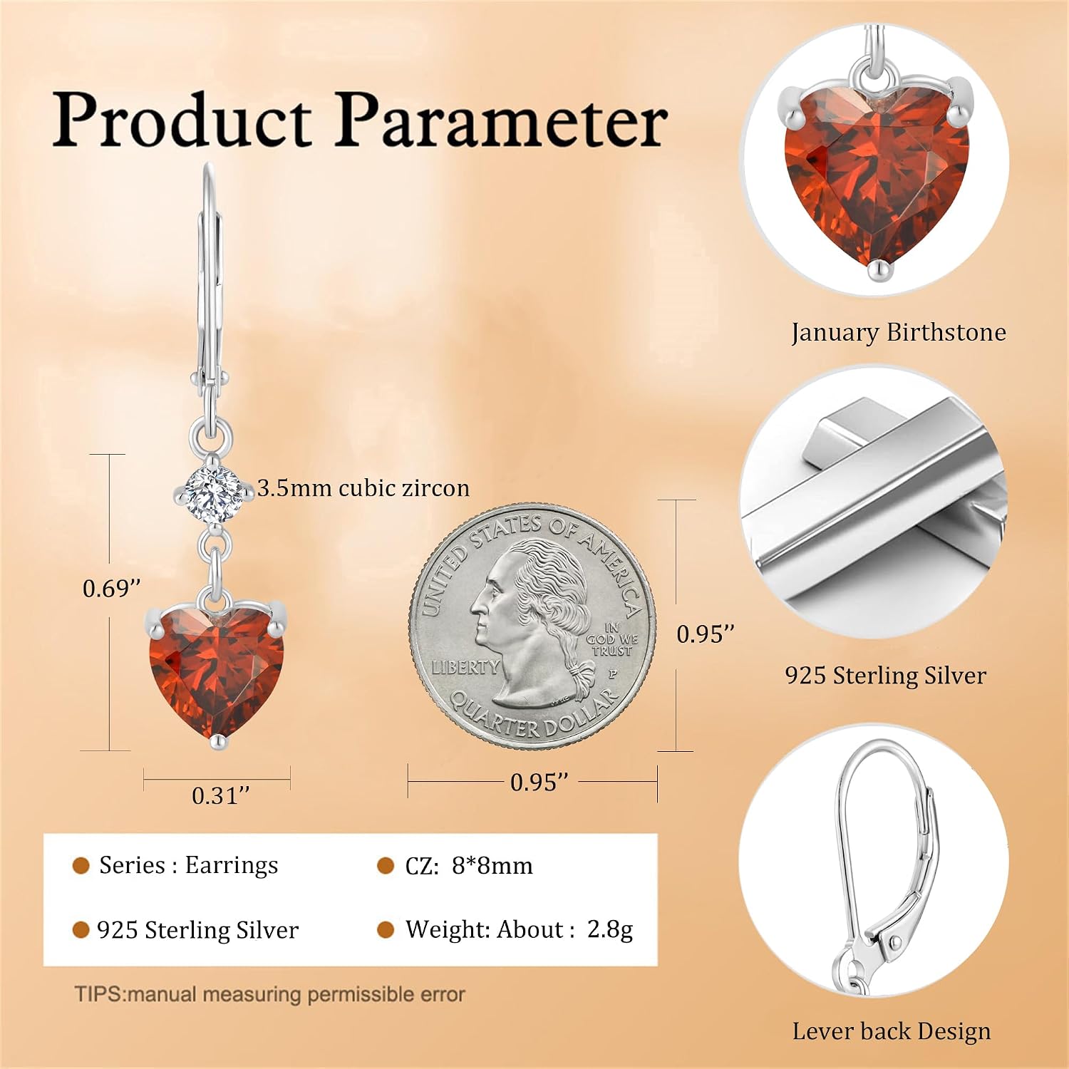 JO WISDOM Heart Dangle Drop Earrings for Women 925 Sterling Silver Leverback Earrings Birthstone Earrings Jewelry Gifts for women