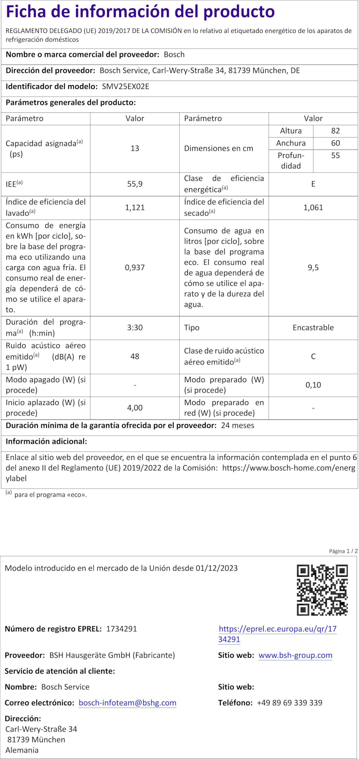 Bosch SMV25EX02E Série 2 Lave-vaisselle encastrable, entièrement escamotable, InfoLight : affichage du programme LED, 3 paniers, EcoDosage, AquaStop, 60 cm