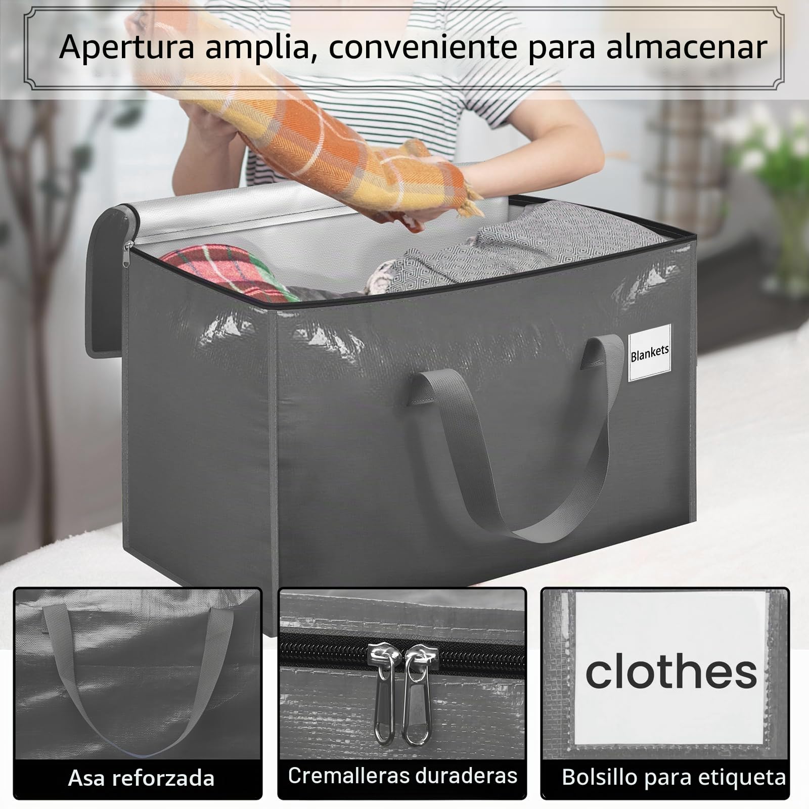 Withosent 100L Grande Bolsa de Almacenamiento, 6 Piezas Impermeable Bolsas de Mudanza con Cremallera y Asa, Bolsas para Guardar Ropa Edredones, Alternativa a las Cajas de Mudanza, Gris