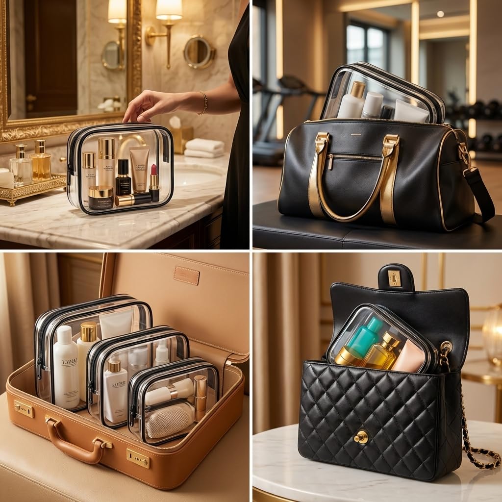 4 sacchetti trasparenti per articoli da toeletta da viaggio, borse impermeabili approvate TSAA, borse cosmetiche trasparenti in PVC, essenziali da viaggio