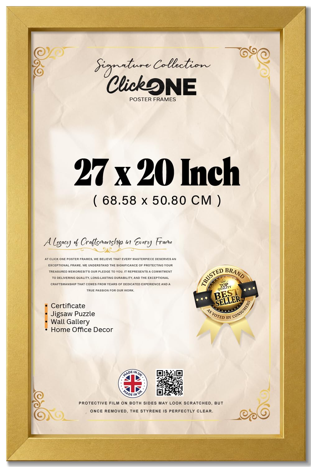Click One Modern 27 X 20 Inch Poster Frame Clear Perspex Front For Vertical And Horizontal Display Gold Border For Home Wall And Art Gallery Use Includes Wall Hangers 68.58 X 50.80 CM โ image 1