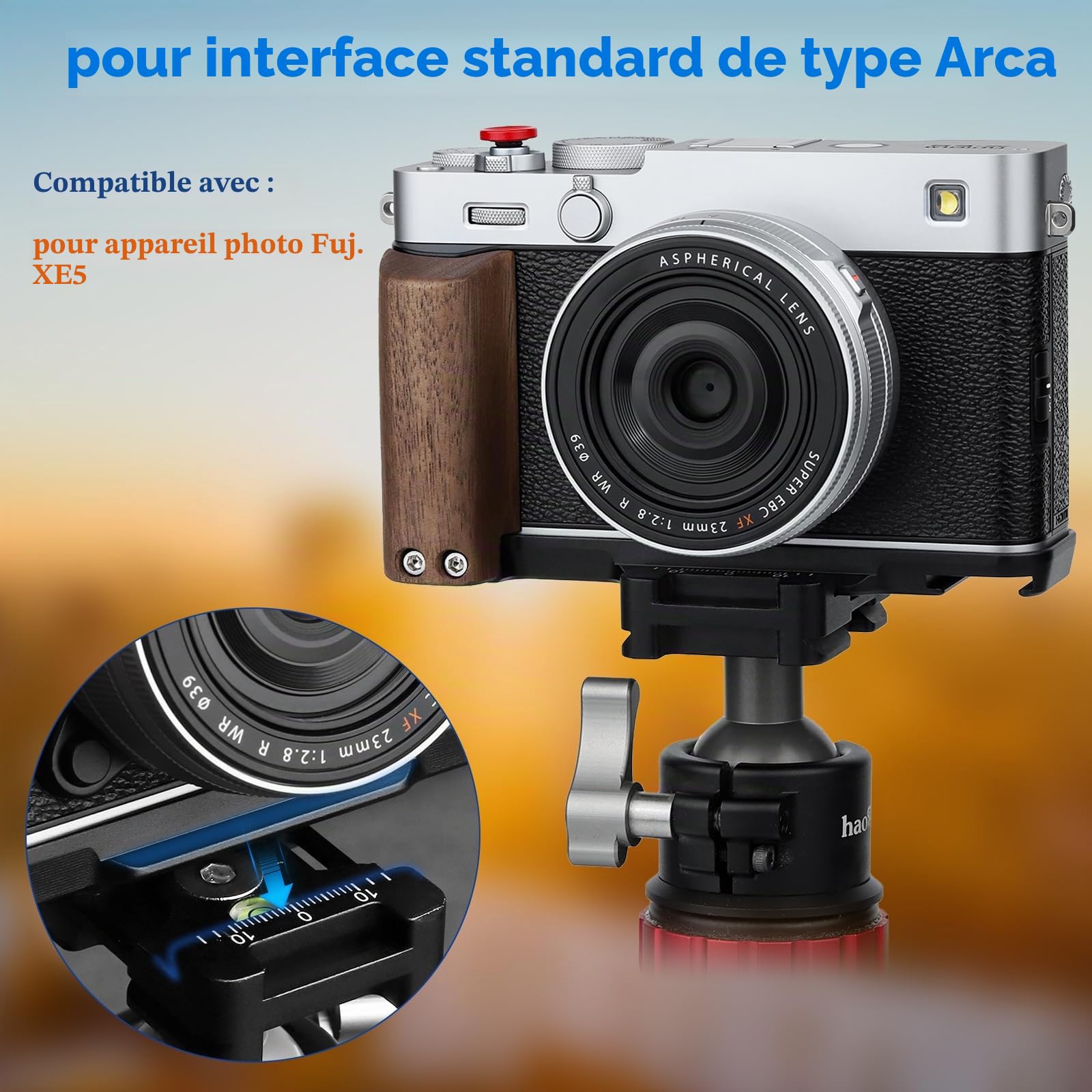Haoge X-E5 HG-XE5-B Poignée en bois pour appareil photo Fujifilm XE5 Poignée en forme de L avec plaque de dégagement rapide Arca-Swiss System Trépied supplémentaire 1/4 trou Noir