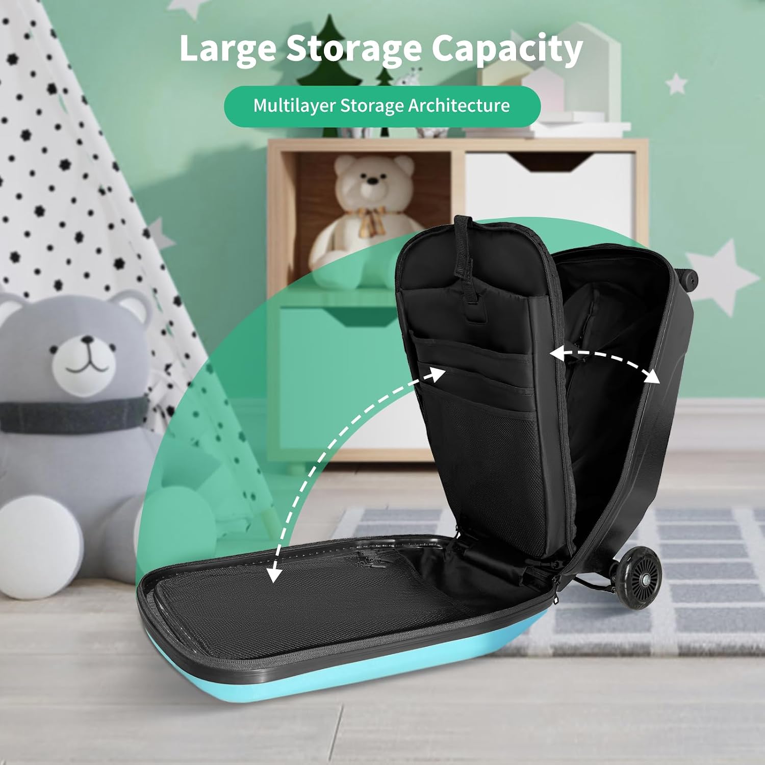 Scooter Hardshell Kids' Luggage, Foldable Carry on Kids Suitcase with Telescopic Handle for Travel, Multifunctional Ride On Lightweight Luggage with Wheels, Light Blue