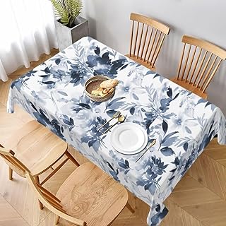 Navy Blue Floral Tablecloth 60 x 84 Inch Rectangle, Dark Blue and White Flower Tablecloths Tablecloths Polyester Spring Table Cloth for Holiday Parties Kitchen Dining Indoor Outdoor