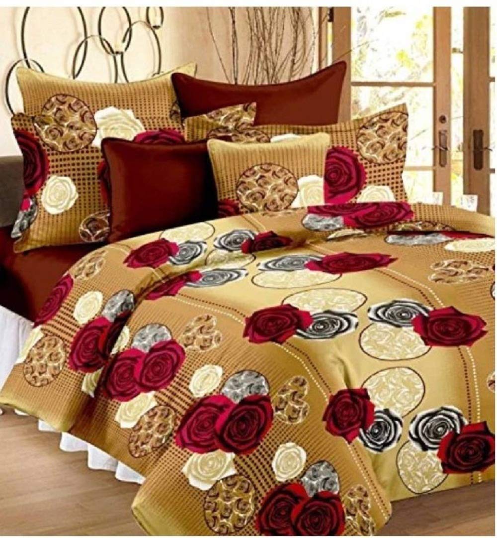 H18 SHEET Floral Printed 144 TC Polycotton Double Bedsheet with 2 Pillow Covers (Cream-Maroon)
