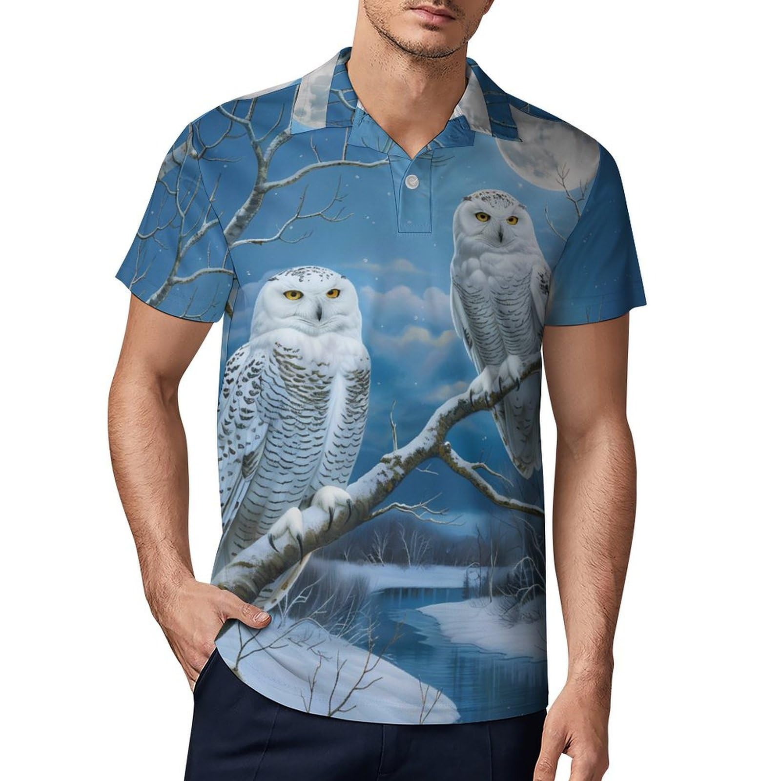 Snowy Wolf Full Moon Novelty Men's Short Sleeve Shirts Funny Golf Tennis Work T-Shirt Sport Tee 5XL