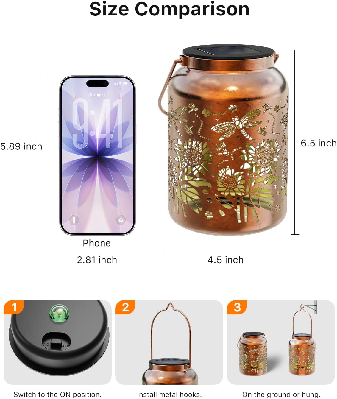 Exteriores Solar Power Lantern Hanging Waterproof Dragonfly Sunflower Light | Metal Vintage Style for Outside Patio Yard Garden, Project Ground Pattern, Decoration Gift for Women Mom, Warm White lighting
