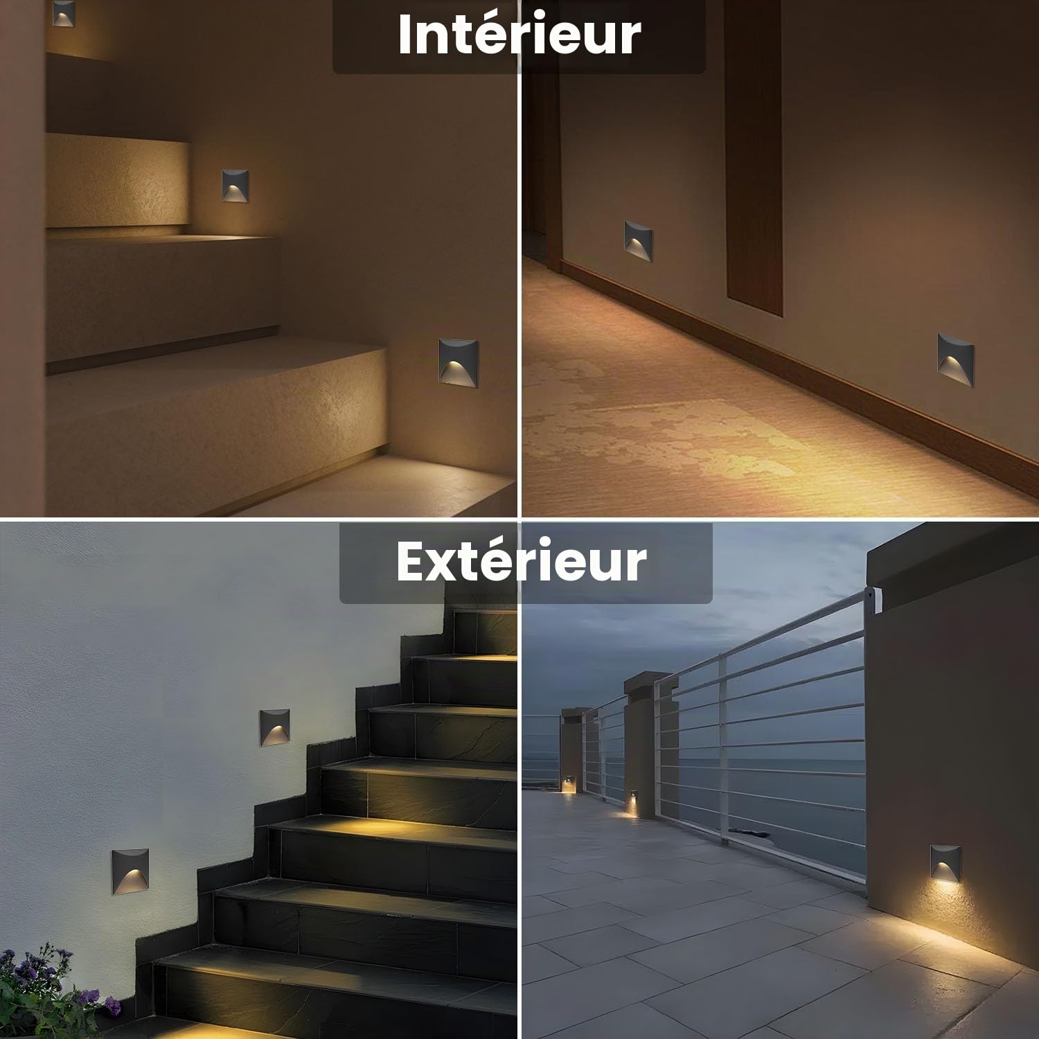Arotelicht 4 Lampes d'escalier LED 3W Blanc Chaud 3000K Applique Murale en Aluminium 230V à angle encastré IP44 étanche Intérieur Extérieur Noir Lumière des marches, avec boîte d'encastrement
