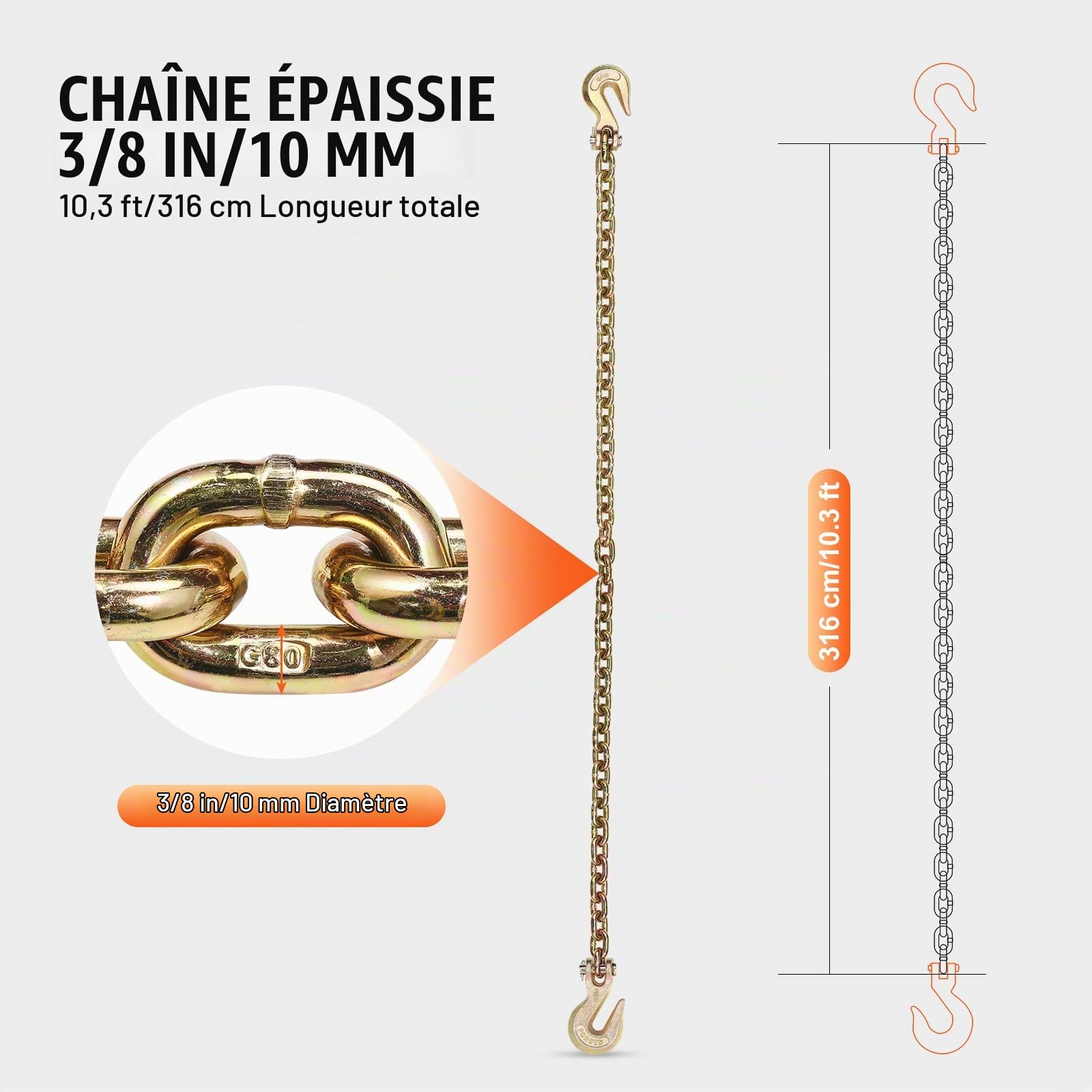 VEVOR Chaîne de Reliure de Remorquage avec Crochets à Chape Lot de 2 Chaines de Transport G80 10 mm x 316 cm, Chaîne d'Exploitation Forestière Charge 3,22 t, pour Attacher Équipements de Dépanneuse