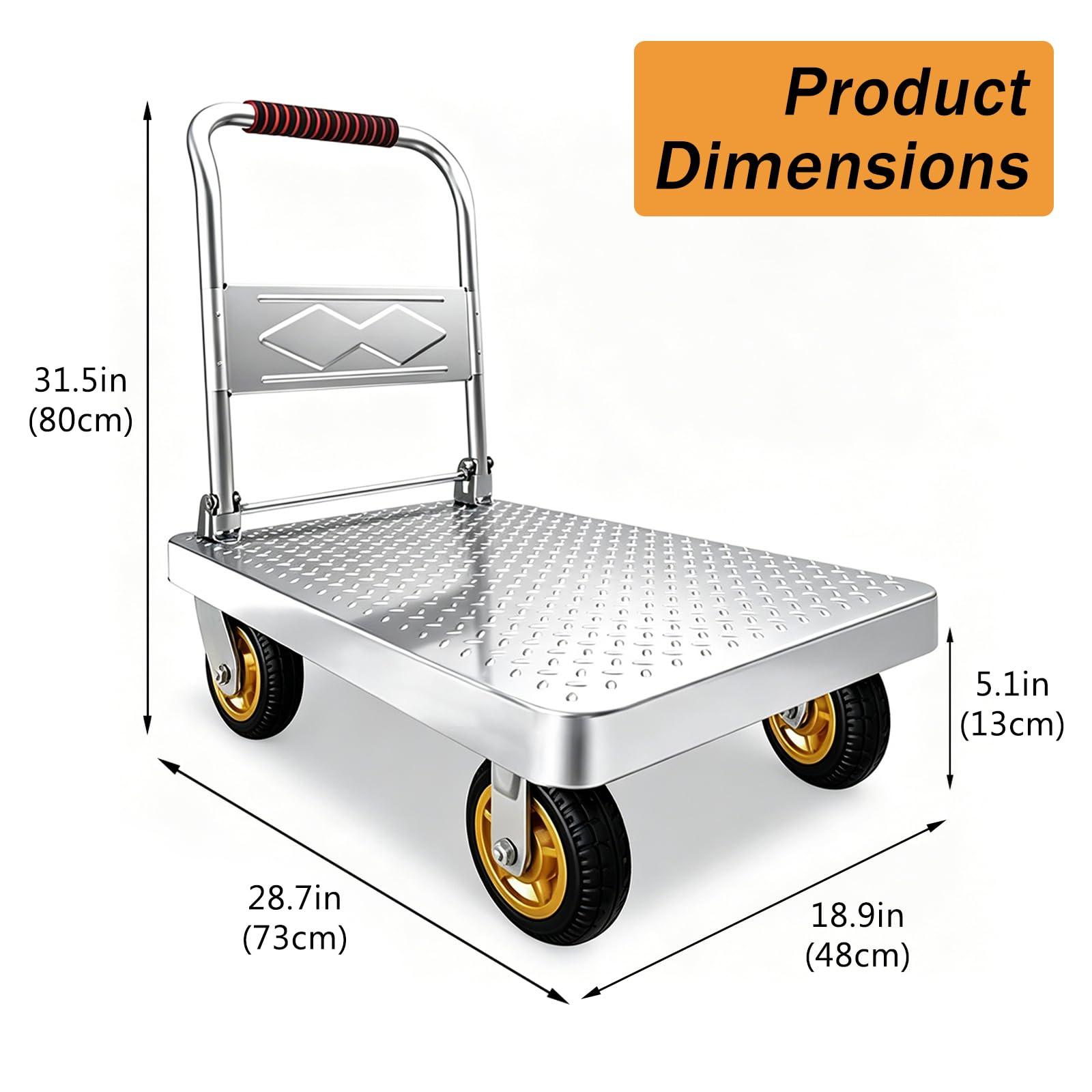 Plattformwagen Klappbar 300KG Große Räder, 60x40cm, Schwerlast Profi-Transportkarren für baumaterialien Industrie & Lagerhallen, Multifunktions-Handwagen mit Antirutsch-Stahlplatte