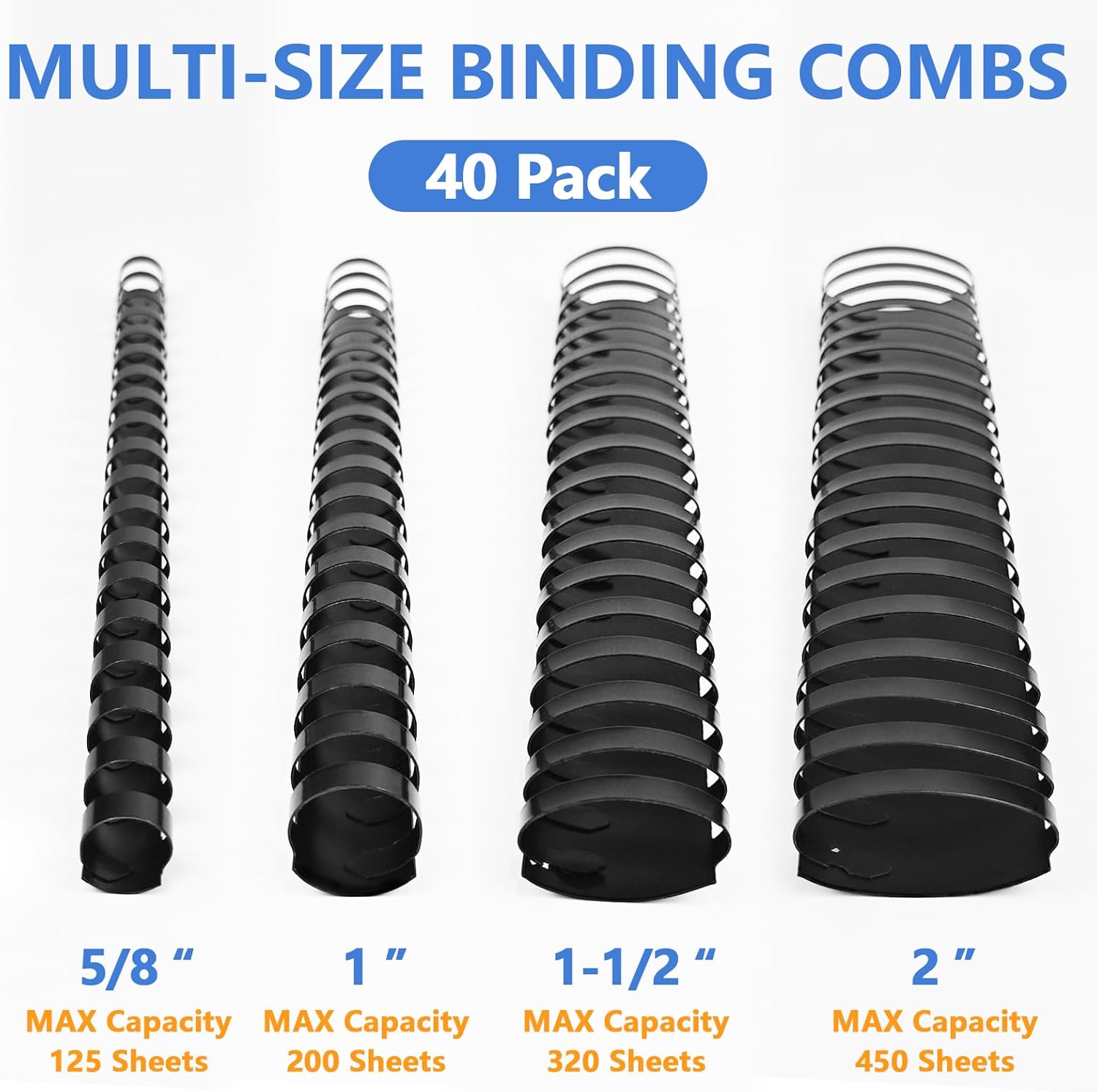 HOUYEE 40 Pack Multi-Size Ring Binding Combs: 5/8 Inch, 1 Inch, 1-1/2 Inch,2 Inch,Letter Size Black Plastic Spines