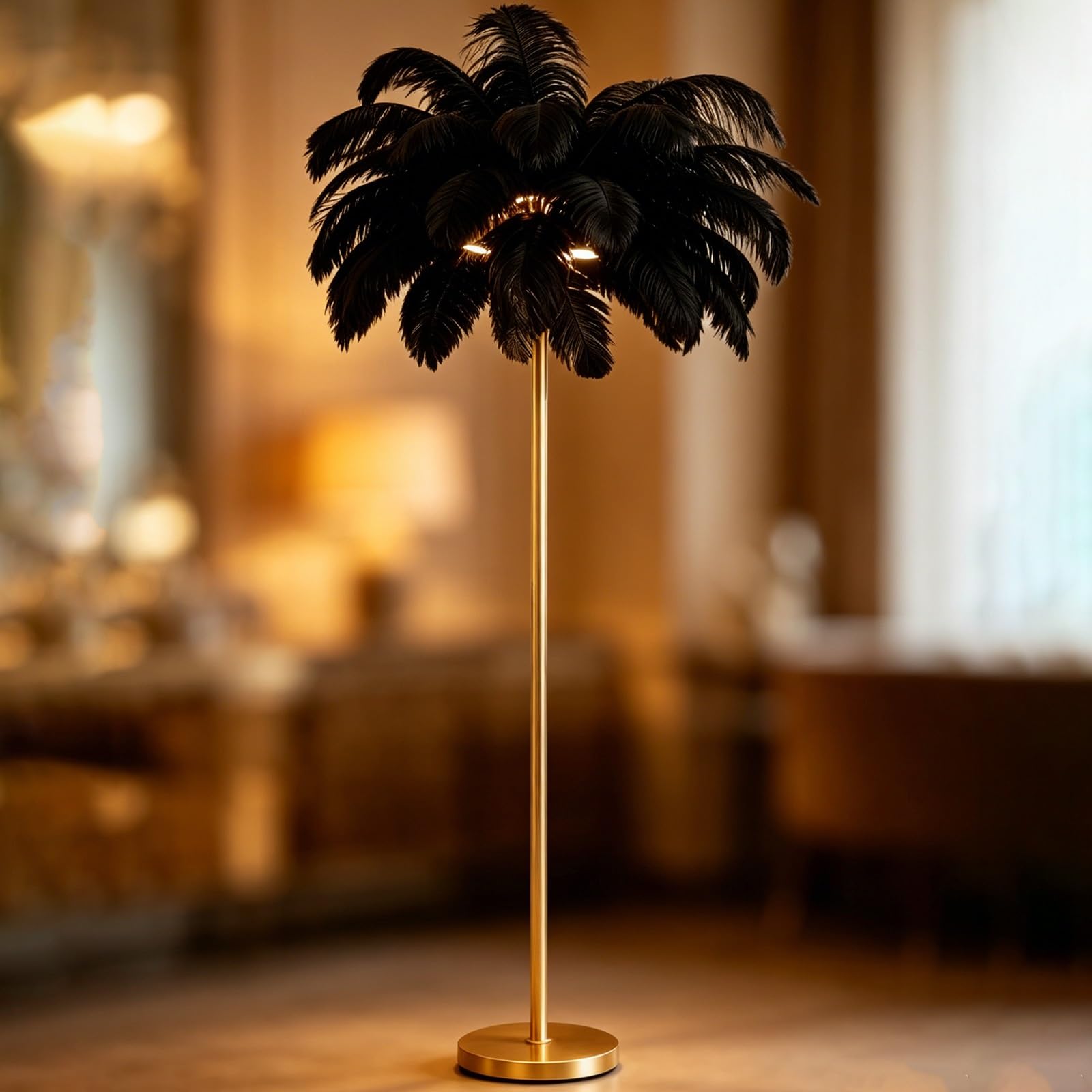 Black Ostrich Feather Floor Lamp, Metal Standing Decor Feather Lamp