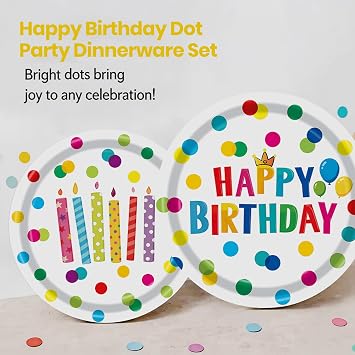 175Pcs Happy Birthday Paper Plates and Napkins Sets, Happy Birthday Party Supplies Set Birthday Dots Design Disposable Birthday Party Decorations Tableware Set for Kids Boys Girls, Serves 25 Guests
