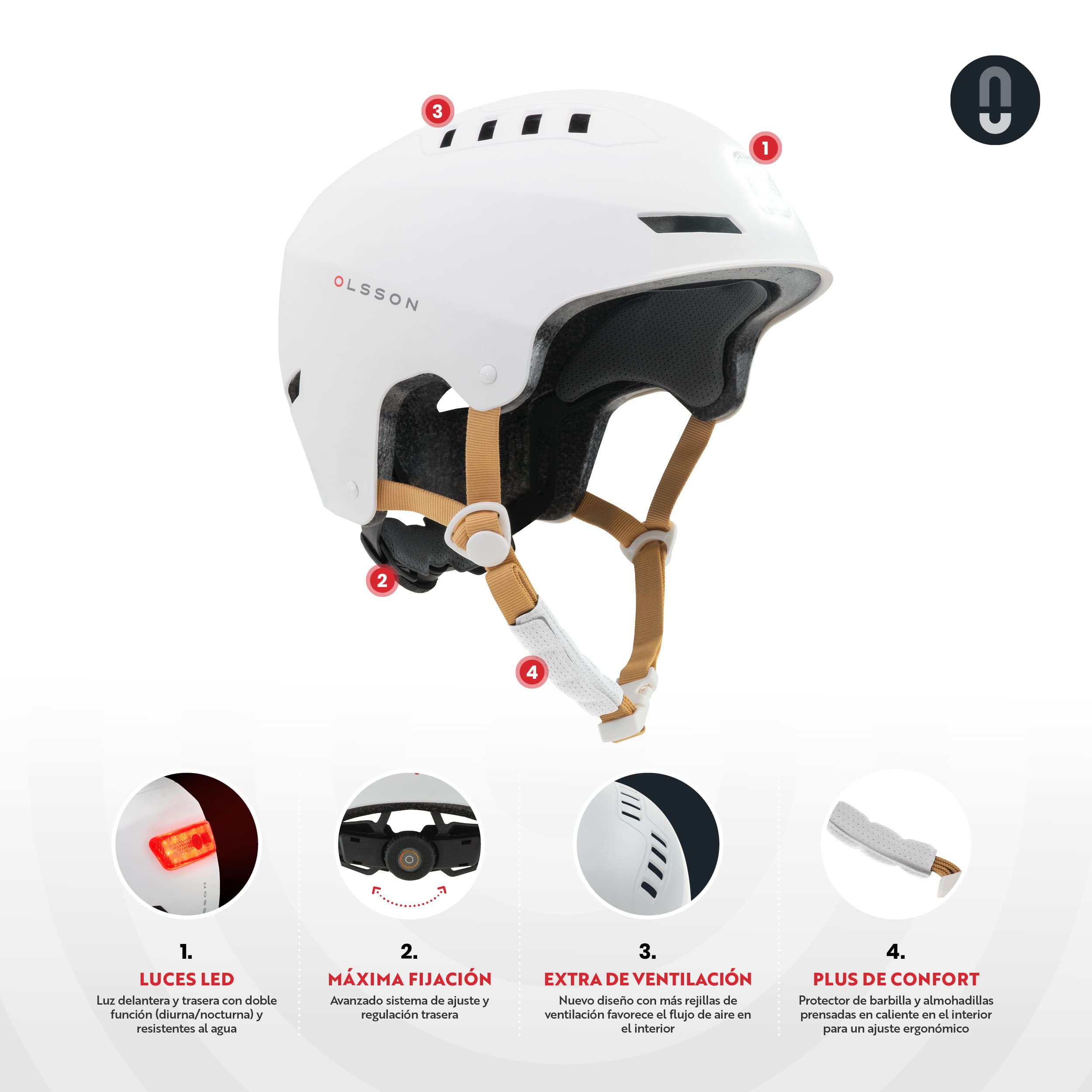 OLSSON Urban Light Casque avec lumière réglable, homologué, résistant aux chocs 360°, LED Avant+Arrière, Doublure Amovible, Ventilation