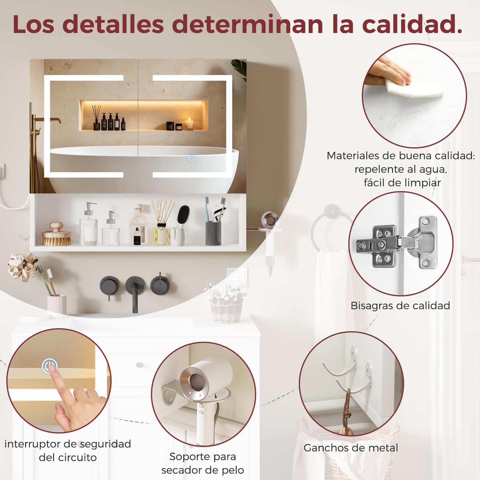 ELUCHANG Armario de Baño, con Espejo y Luz LED, Mueble Espejo de Pared, Armario baño Pared, con Soportes y Ganchos para secador de Pelo, con Interruptor, Luz Fría/Cálida/Natural,60×14×60cm,Blanco