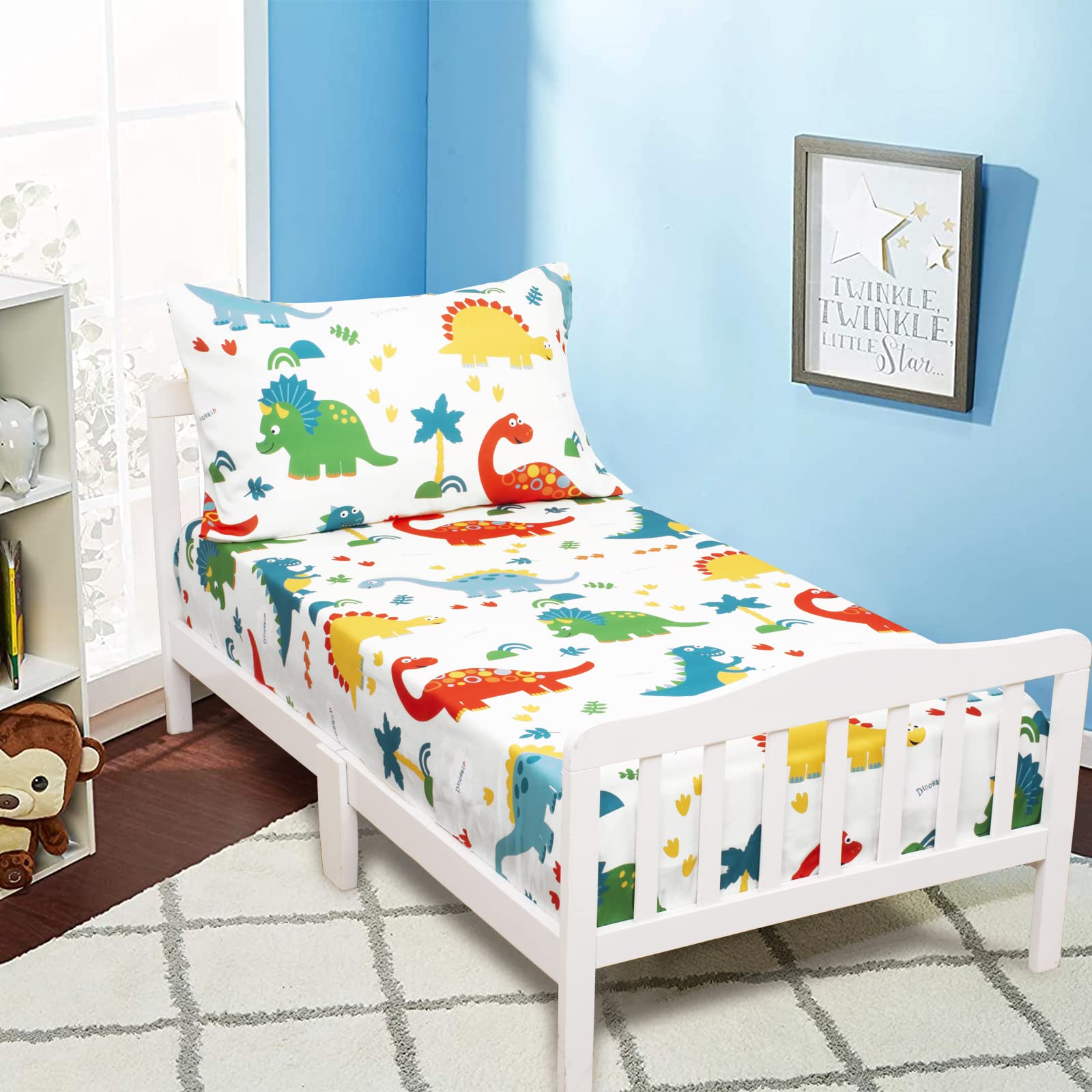 JISENToddler Bedding Set 2 Piece Toddler Fitted Sheet and Pillowcase Set Kids Bedding Set Soft Breathable Microfiber Toddler Sheet Set for Boys Girls White Dinosaurs
