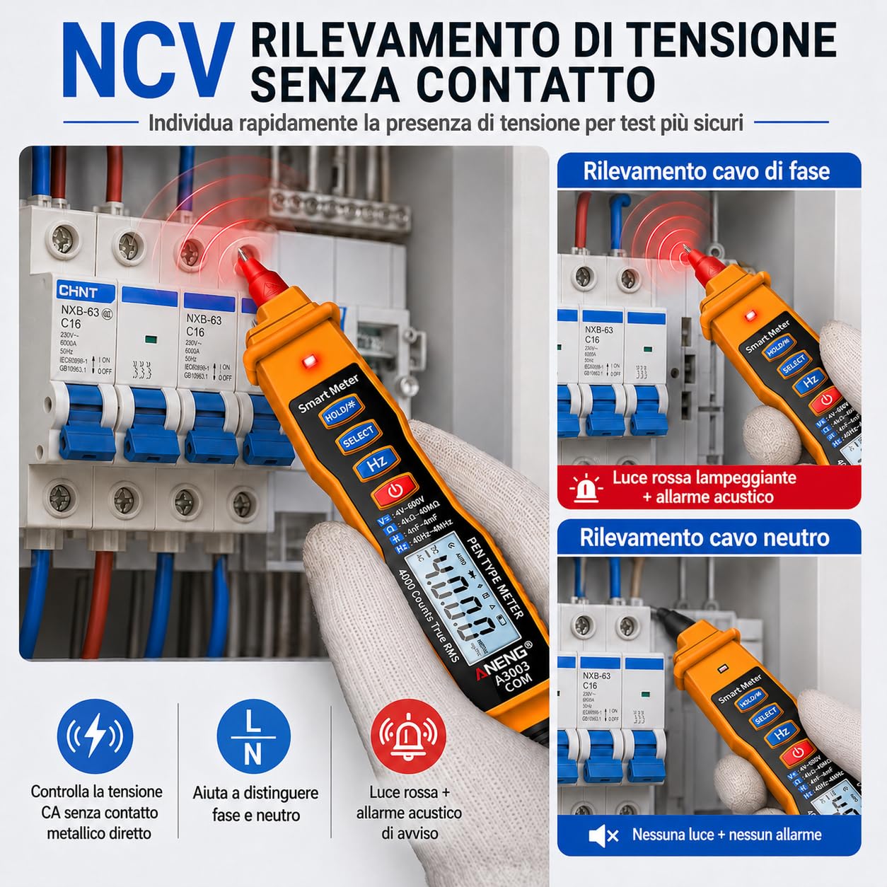 VOBOR Tester di Tensione Senza Contatto, Misura Tensione AC/DC, Resistenza, Diodo, Continuità, Rilevamento Filo Vivo/Nullo, Penna Multimetro Digitale con Retroilluminazione e Torcia