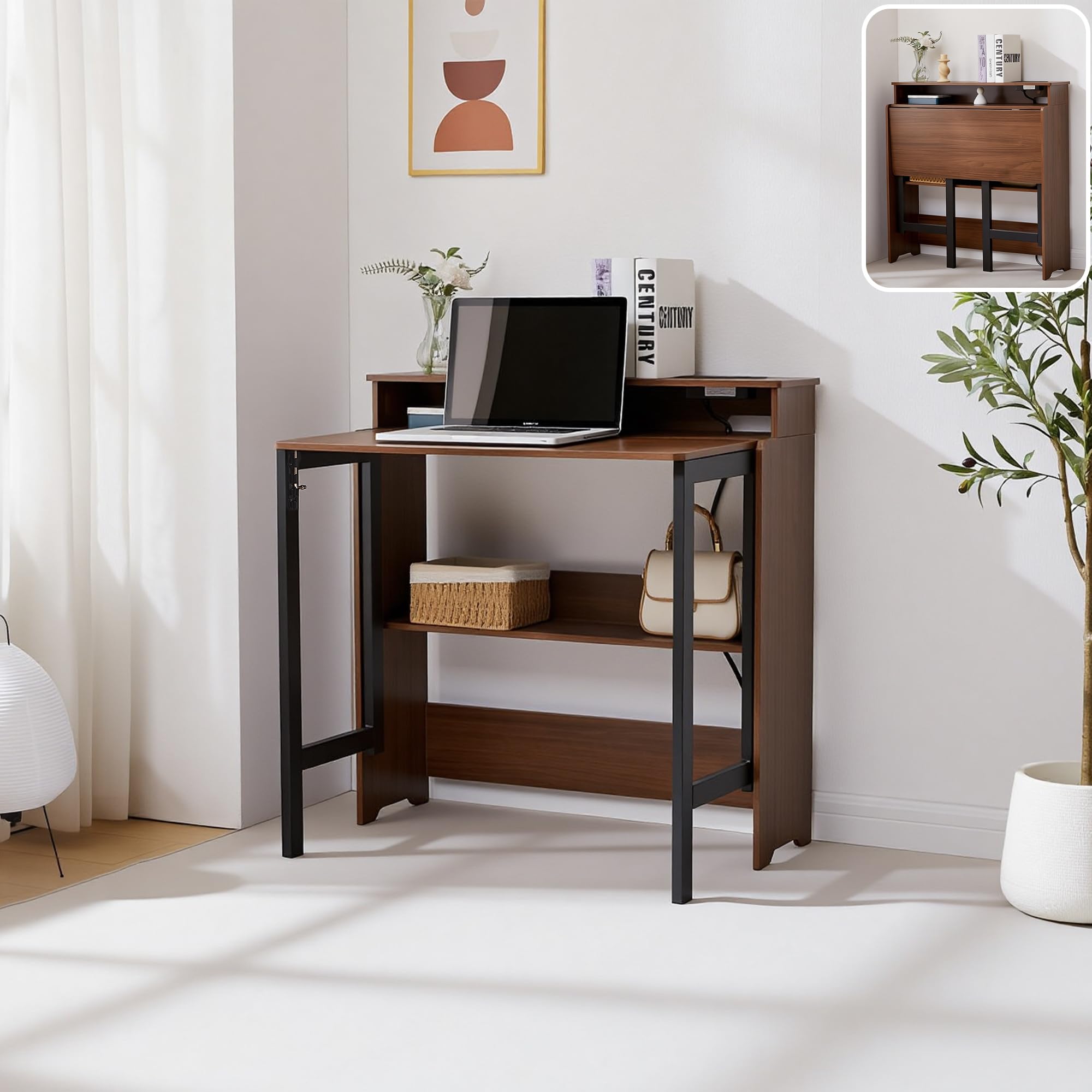Zethvax Fold Out Desk with Power Outlets, Small Foldable Table with Storage Shelf,Space-Saving Hidden Desk for Bedroom, Living Room & Office (Walnut)