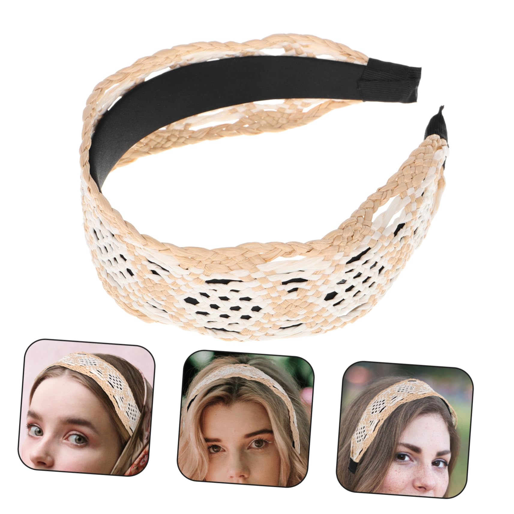Ipetboom Bandeau Large en Raphia Tissé pour Femmes, Style Bohème Vintage, Coiffure Sécurisée et Facile à Porter, Accessoire Cheveux Beige pour Diverses Occasions