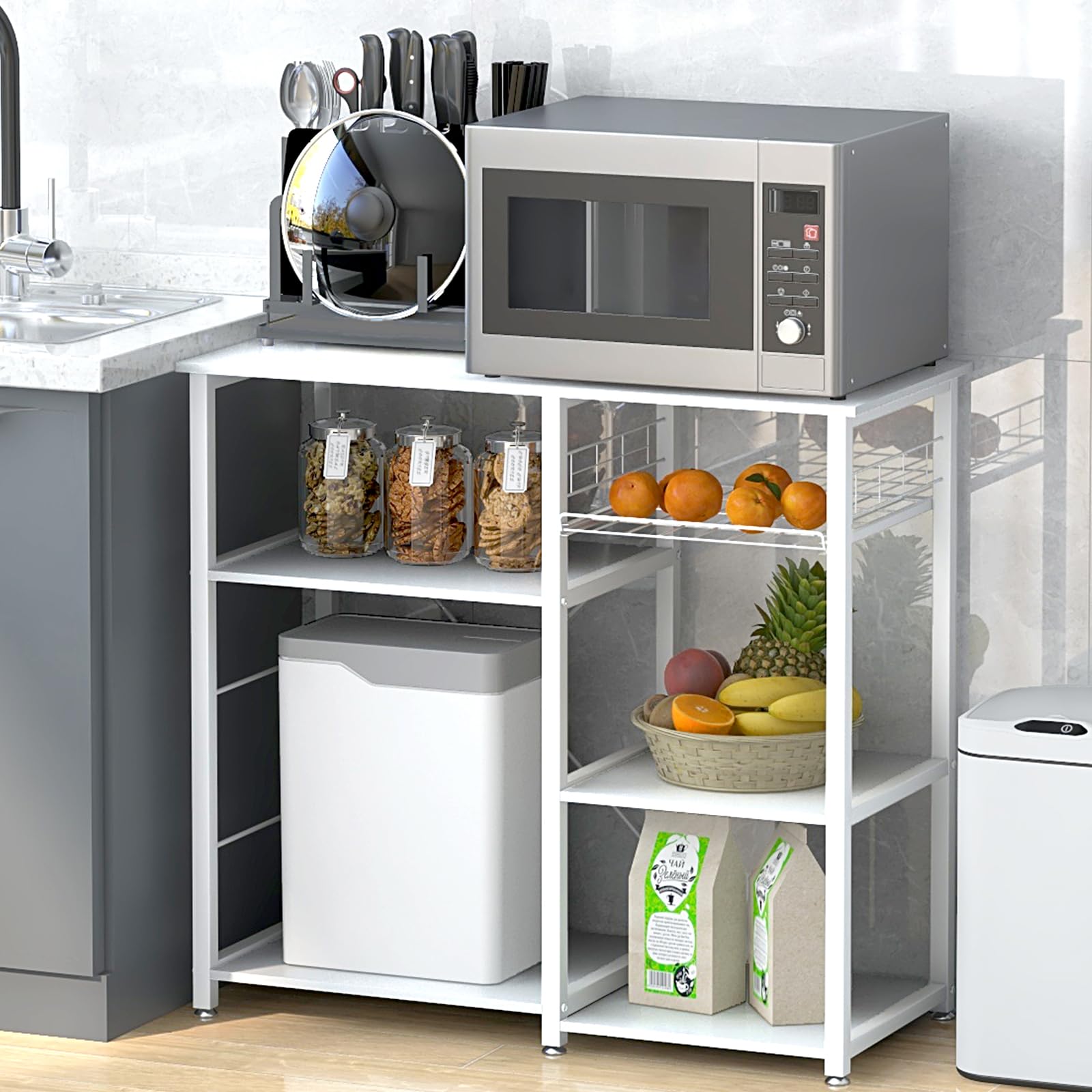 SogesPower Racks de boulangerie pour cuisine avec étagère de rangement et crochets latéraux pour micro-ondes, étagère de rangement à 3 niveaux, cuisine, salon et couloir