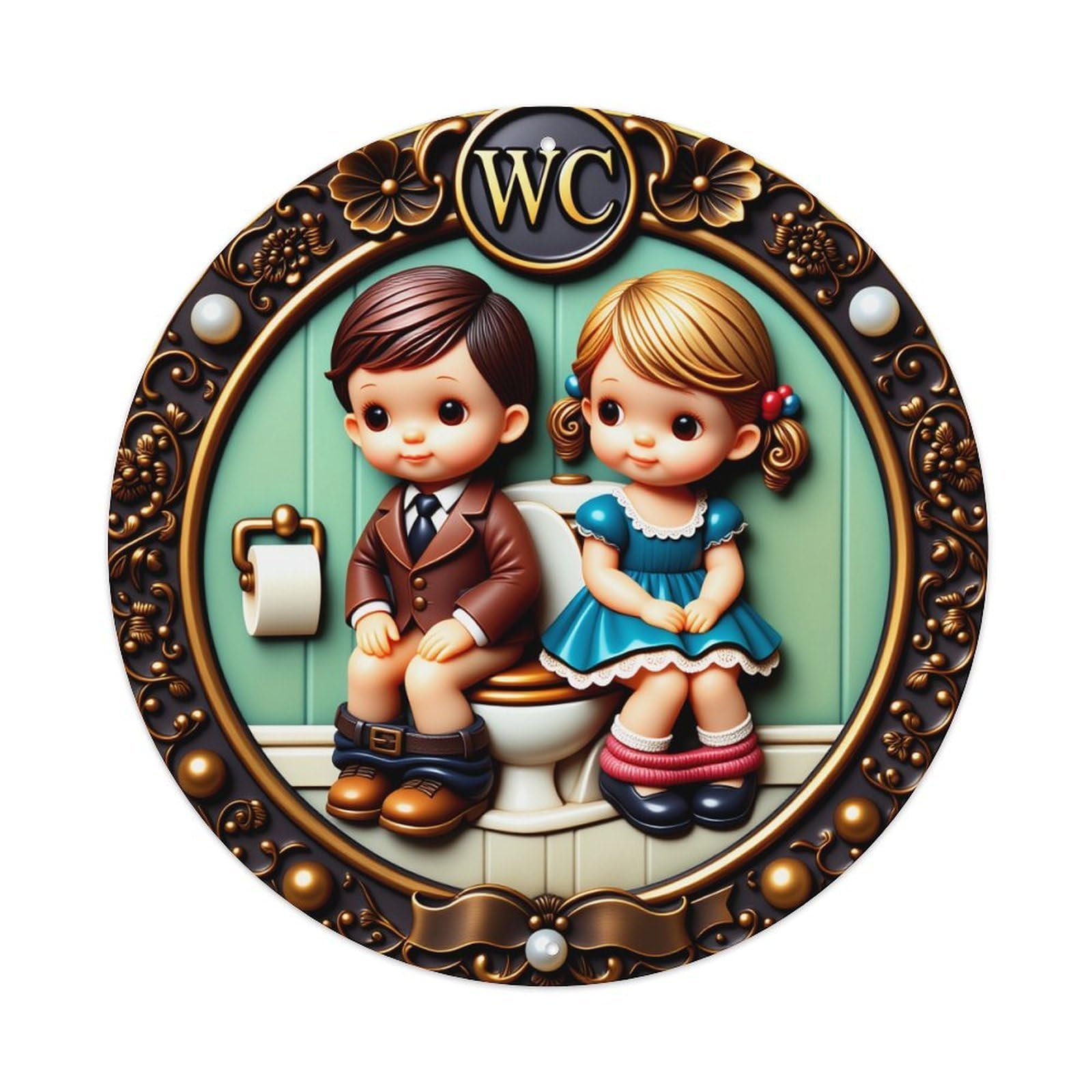 Cute Couple Toilet Scene Frame Vintage Round Tin Sign Retro Metal Wall Decor Metal Poster, Home Bar Garage Farmhouse Cafe Wall Art Decoration 8x8Inches