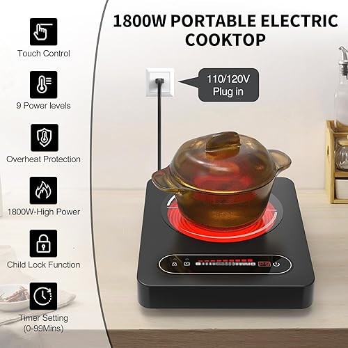 Miniatura 3 de VBGK Cocina eléctrica de un solo quemador, estufa de 110 V 1800 W con control táctil LED, 9 niveles de potencia, temporizador, bloqueo de seguridad,