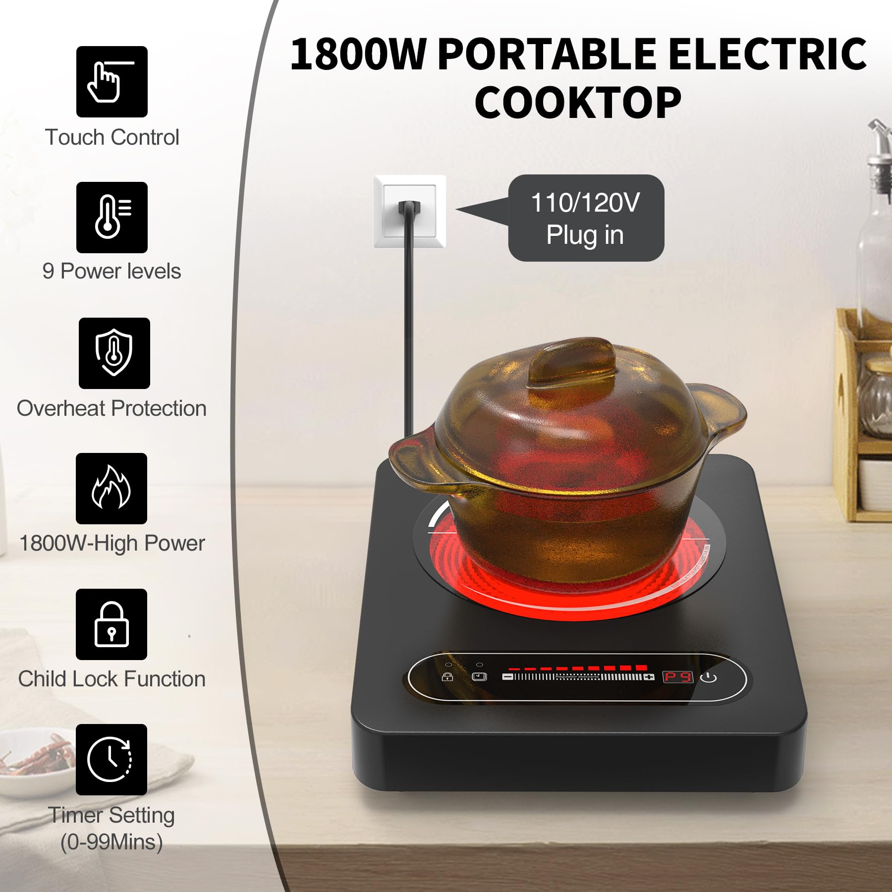 Single Burner Electric Cooktop,110V 1800W Stove Top with LED Touch Control,9 Power Levels, Timer, Safety Lock,single Electric burner Overheat protection 3